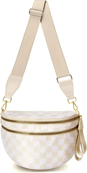 WOOMADA Checkered Crossbody Bag Bum Bag for Women, Spacious Nylon Fanny with Adjustable Strap, Stylish Belt Bag Purse(Beige Checkerboard)