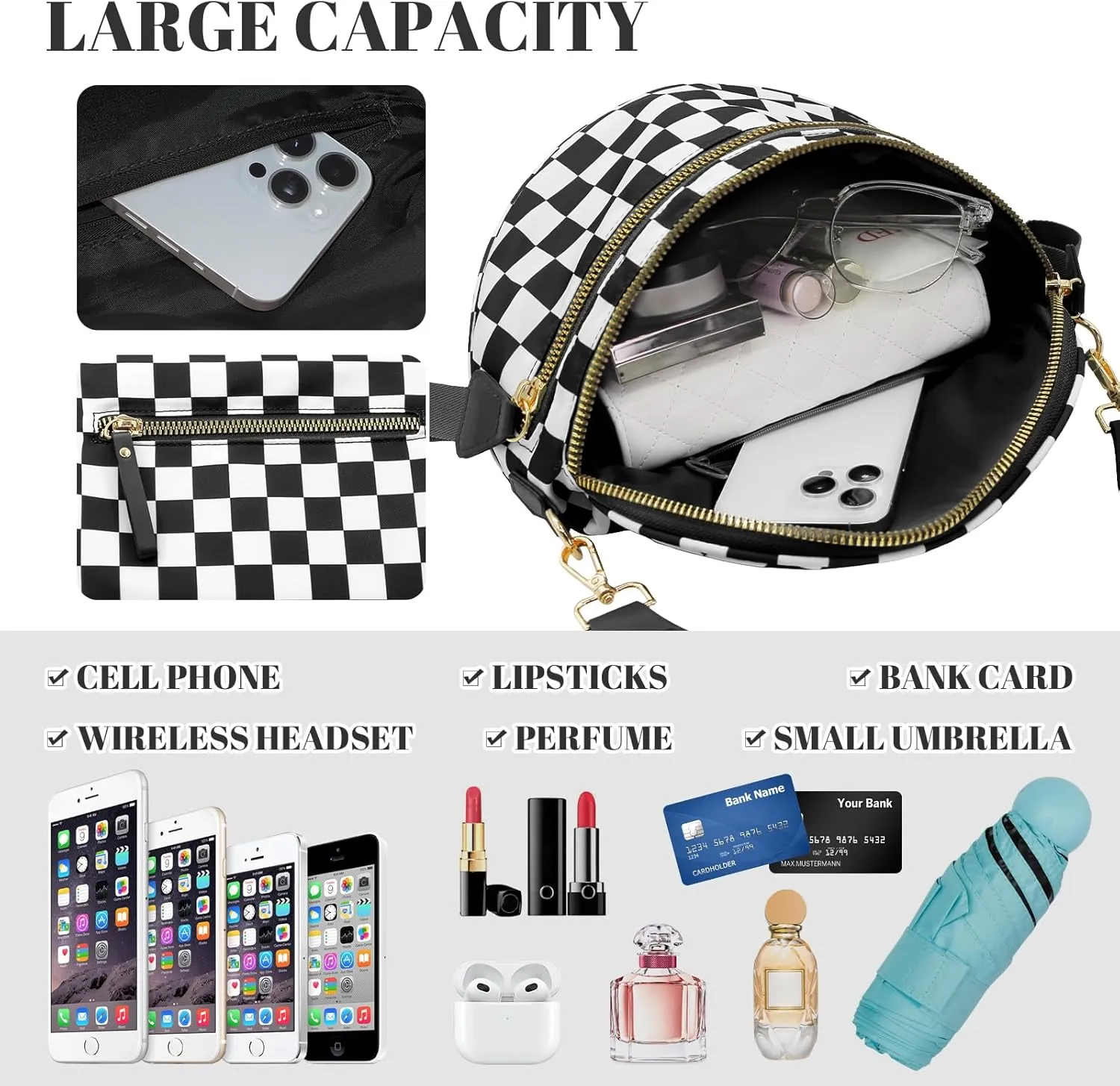 WOOMADA Checkered Crossbody Bag Bum Bag for Women, Spacious Nylon Fanny with Adjustable Strap, Stylish Belt Bag Purse(Black Checkerboard)