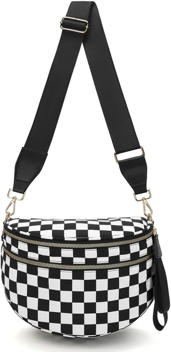 WOOMADA Checkered Crossbody Bag Bum Bag for Women, Spacious Nylon Fanny with Adjustable Strap, Stylish Belt Bag Purse(Black Checkerboard)