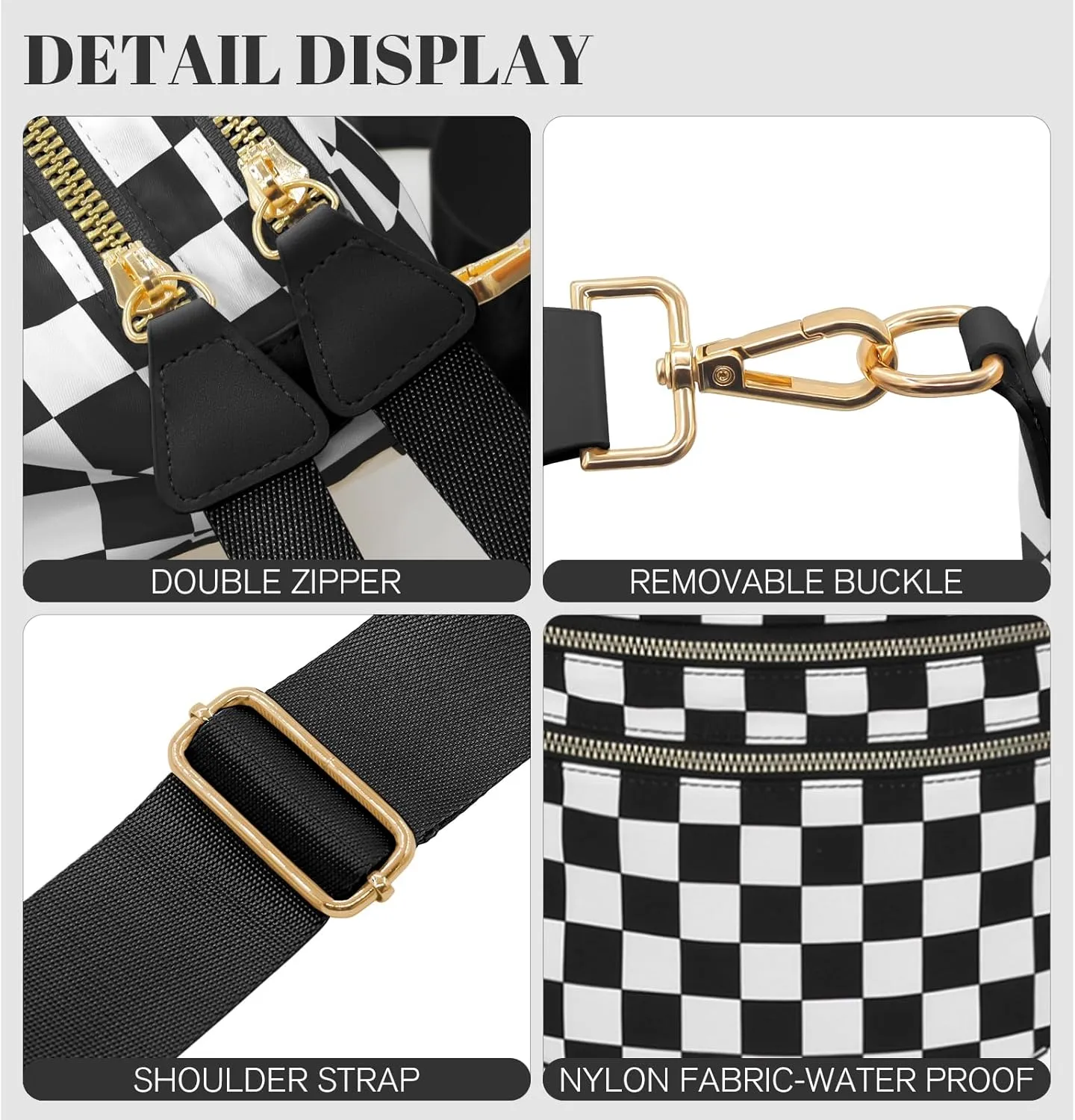 WOOMADA Checkered Crossbody Bag Bum Bag for Women, Spacious Nylon Fanny with Adjustable Strap, Stylish Belt Bag Purse(Black Checkerboard)