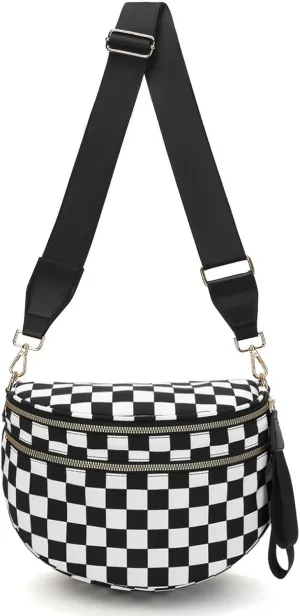 WOOMADA Checkered Crossbody Bag Bum Bag for Women, Spacious Nylon Fanny with Adjustable Strap, Stylish Belt Bag Purse(Black Checkerboard)