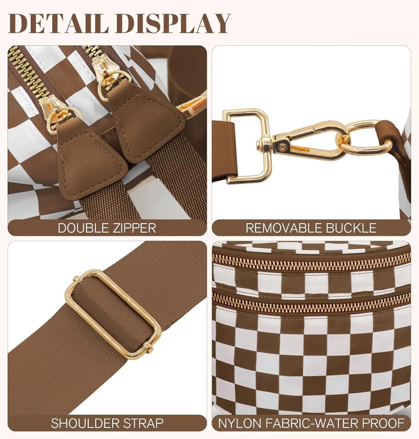 WOOMADA Checkered Crossbody Bag Bum Bag for Women, Spacious Nylon Fanny with Adjustable Strap, Stylish Belt Bag Purse(Brown Checkerboard)