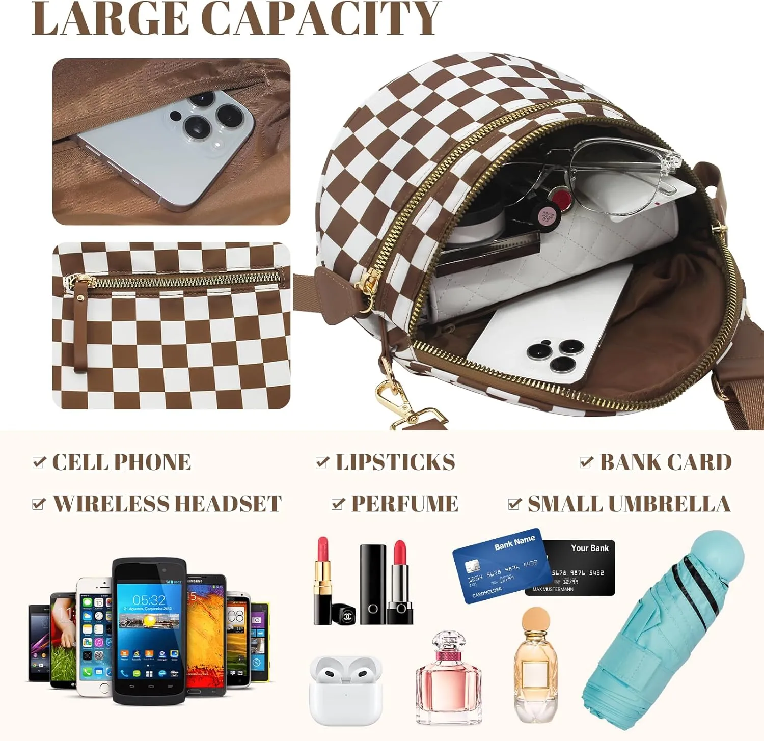 WOOMADA Checkered Crossbody Bag Bum Bag for Women, Spacious Nylon Fanny with Adjustable Strap, Stylish Belt Bag Purse(Brown Checkerboard)