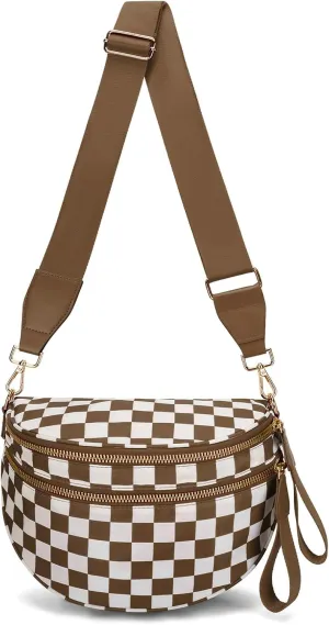 WOOMADA Checkered Crossbody Bag Bum Bag for Women, Spacious Nylon Fanny with Adjustable Strap, Stylish Belt Bag Purse(Brown Checkerboard)