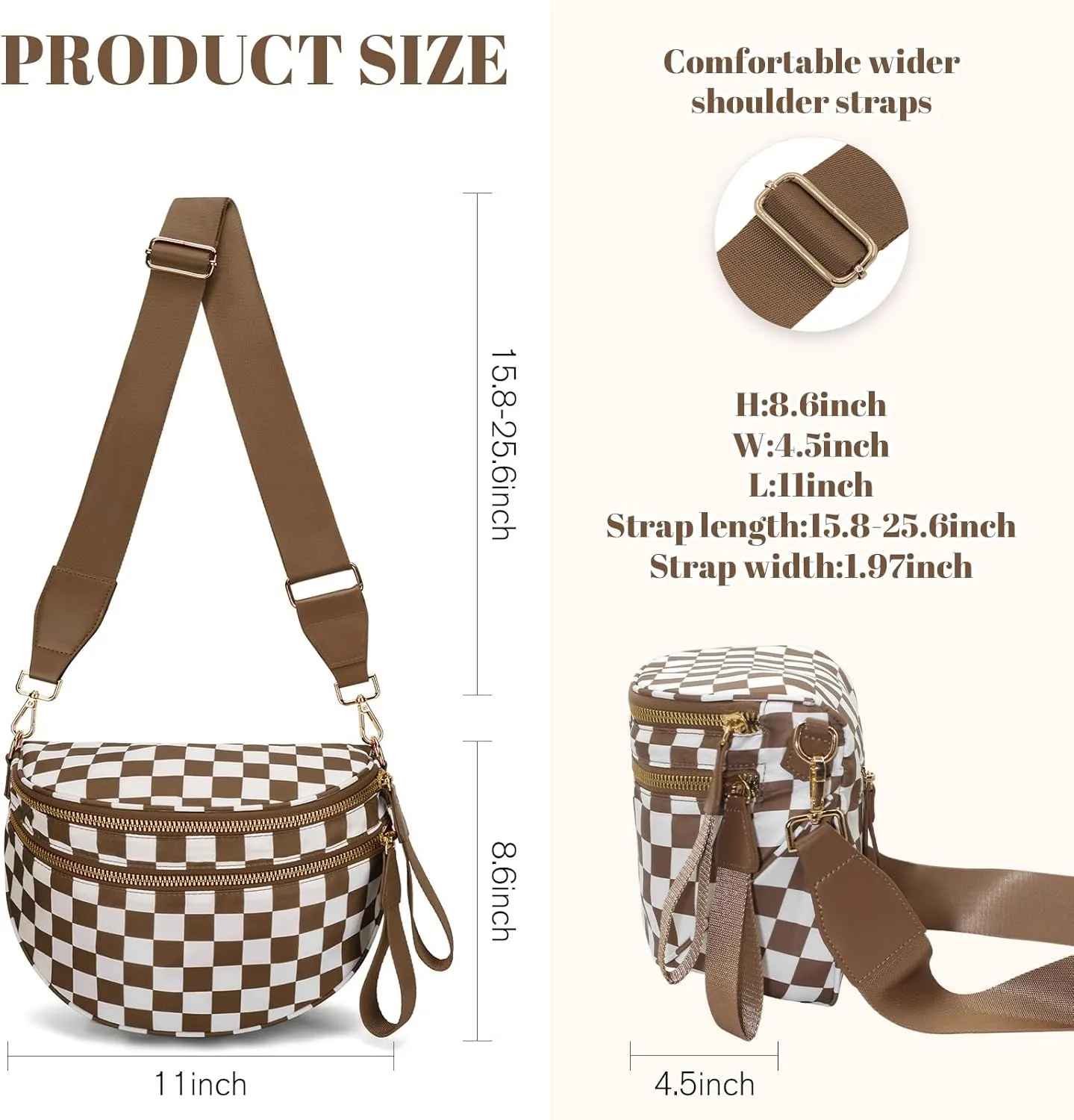 WOOMADA Checkered Crossbody Bag Bum Bag for Women, Spacious Nylon Fanny with Adjustable Strap, Stylish Belt Bag Purse(Brown Checkerboard)