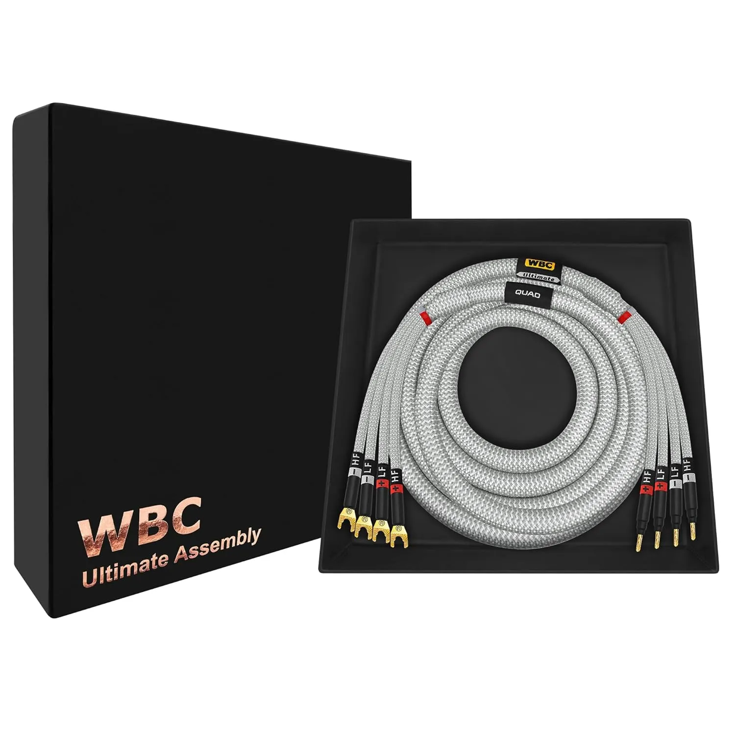 WORLDS BEST CABLES 3 Foot Ultimate - 12 AWG - Ultra-Pure OFC - Premium Audiophile HiFi Bi-Amp Speaker Cable for Center Channel - Eminence Gold Banana (x4) & Spade (x4) Plugs & Silver Tweed Jacket