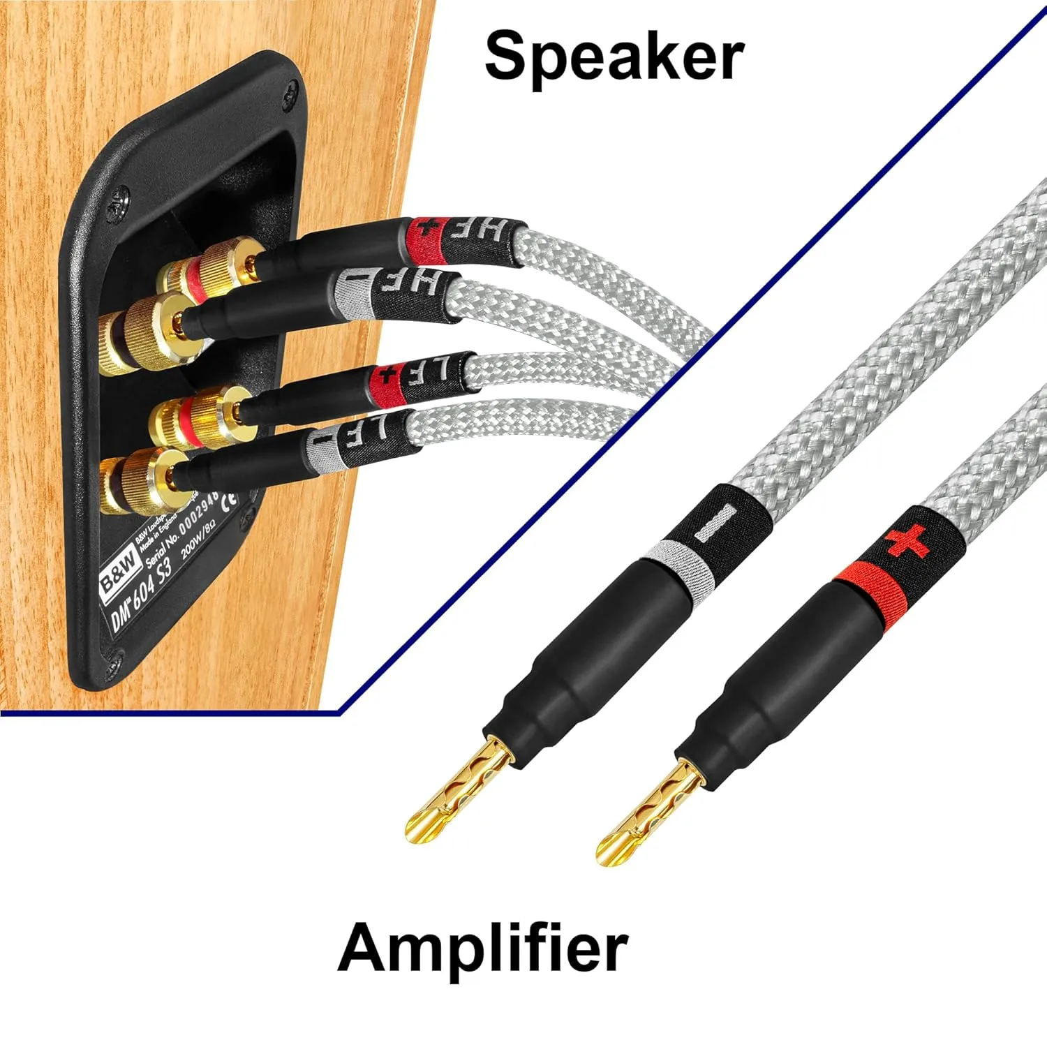 WORLDS BEST CABLES 6 Foot Ultimate - 9 AWG - Ultra-Pure OFC - Premium Audiophile HiFi Bi-Wire Speaker Cable Pair with Eminence Gold Banana Plugs & Silver Tweed Jacket