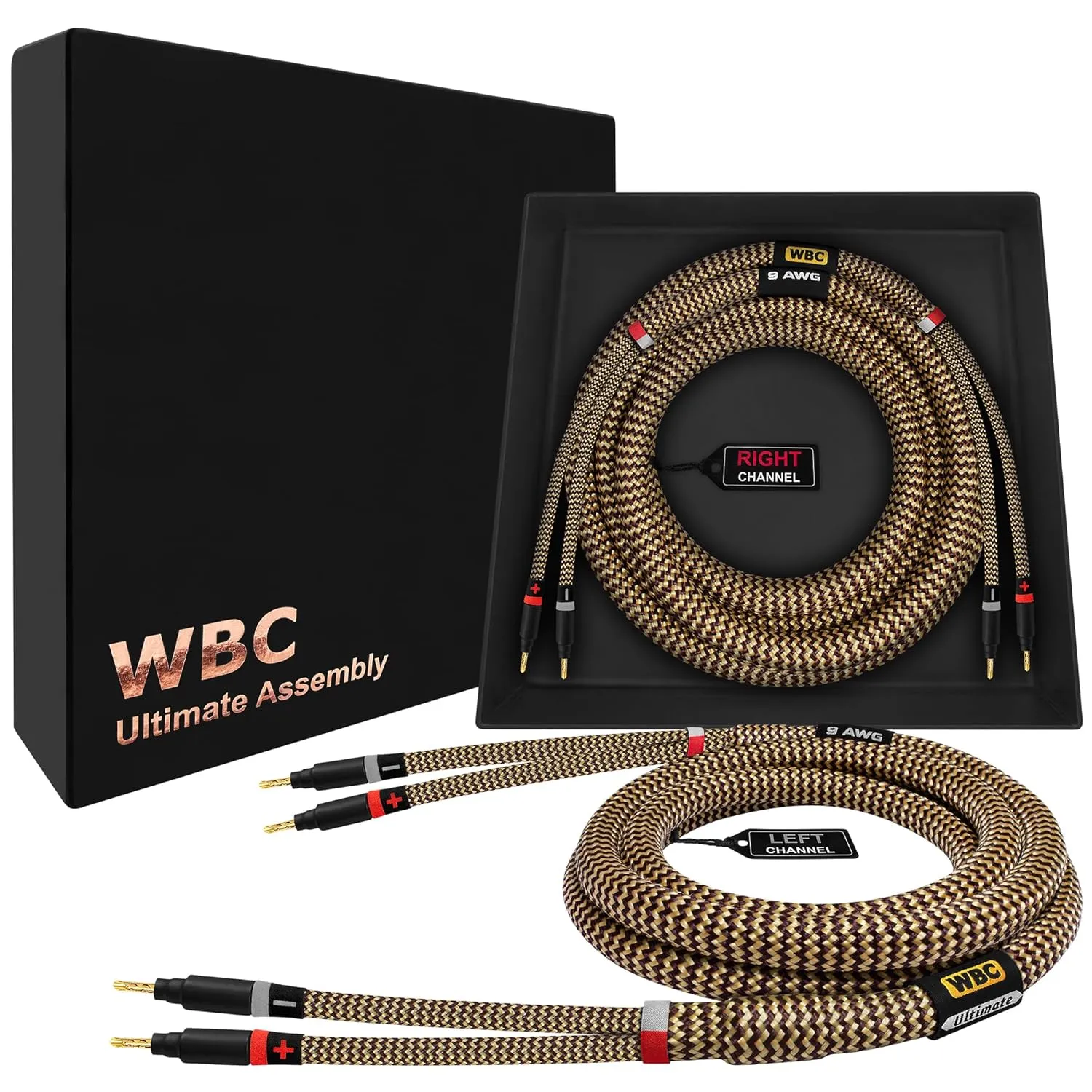 WORLDS BEST CABLES 6 Foot Ultimate - 9 AWG - Ultra-Pure OFC - Premium Audiophile HiFi Speaker Cable Pair with Eminence Gold Banana Plugs & TnBrwn Tweed Jacket