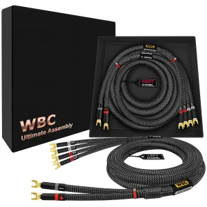 WORLDS BEST CABLES 8 Foot Ultimate - 7 AWG - Ultra-Pure OFC – Extra Premium Audiophile HiFi Bi-Wire Speaker Cable Pair with Eminence Gold Spade Plugs & Carbon Tweed Jacket
