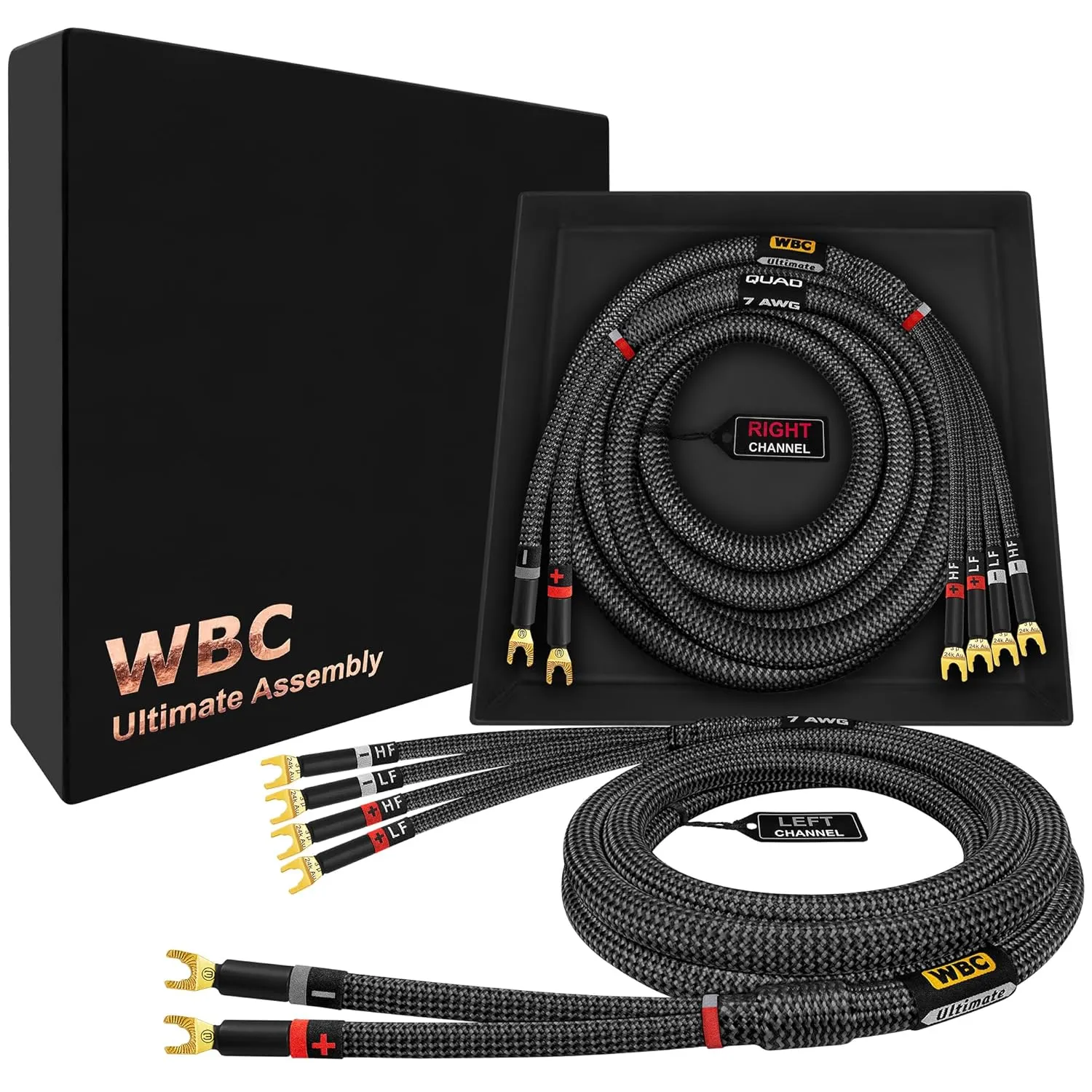 WORLDS BEST CABLES 8 Foot Ultimate - 7 AWG - Ultra-Pure OFC – Extra Premium Audiophile HiFi Bi-Wire Speaker Cable Pair with Eminence Gold Spade Plugs & Carbon Tweed Jacket
