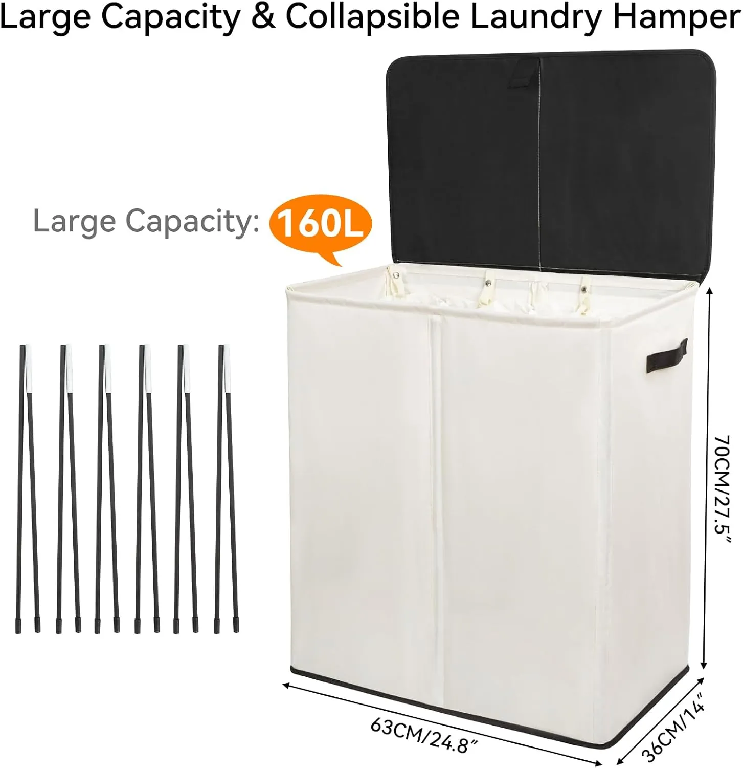 WOWLIVE Laundry Hamper with Lid,160L Large Laundry Basket 3 Section with Removable Washing Bags,Collapsible Waterproof Dirty Clothes Hamper for Laundry Room Bathroom Dorm,Beige