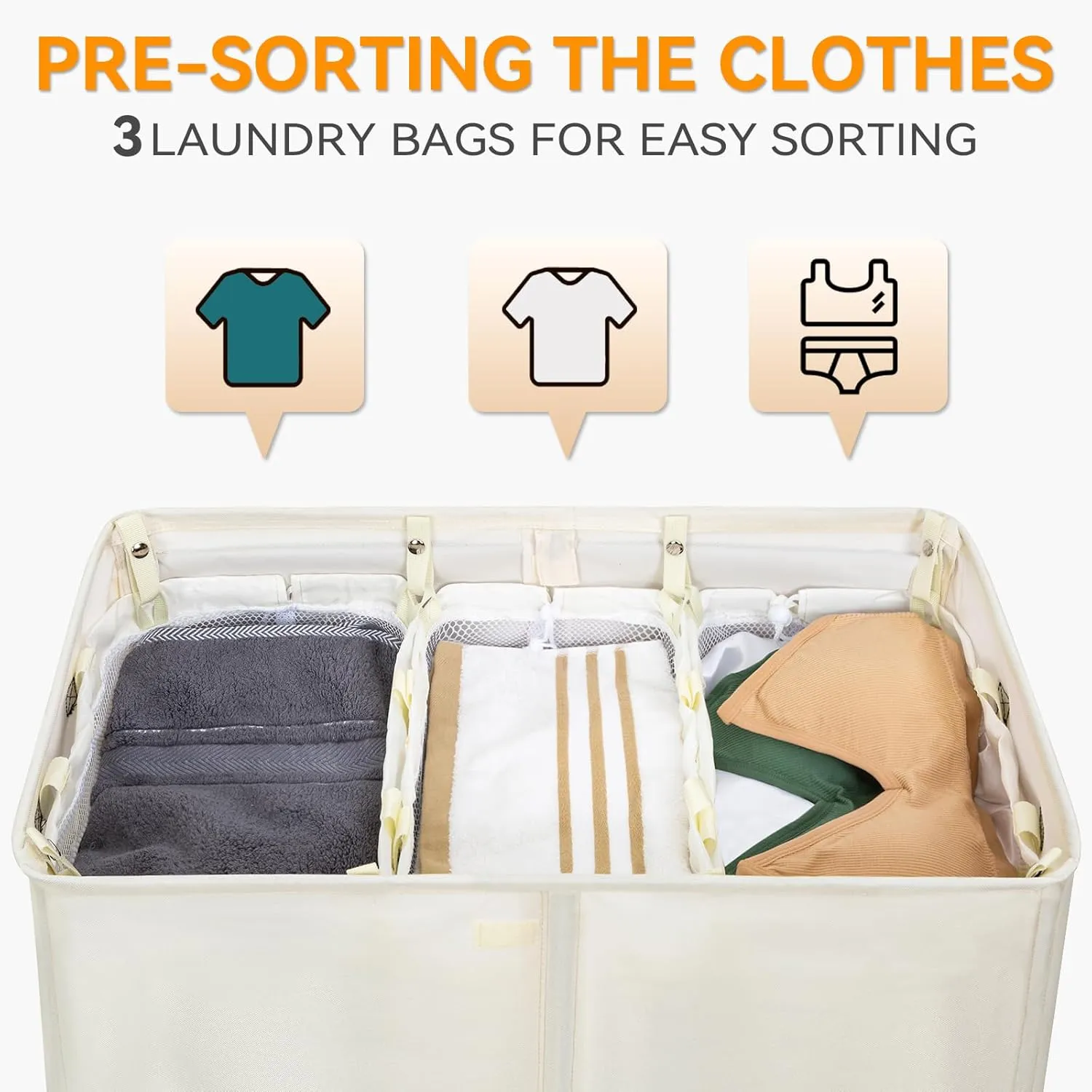 WOWLIVE Laundry Hamper with Lid,160L Large Laundry Basket 3 Section with Removable Washing Bags,Collapsible Waterproof Dirty Clothes Hamper for Laundry Room Bathroom Dorm,Beige