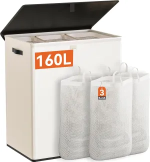 WOWLIVE Laundry Hamper with Lid,160L Large Laundry Basket 3 Section with Removable Washing Bags,Collapsible Waterproof Dirty Clothes Hamper for Laundry Room Bathroom Dorm,Beige