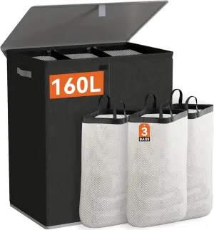 WOWLIVE Laundry Hamper with Lid,160L Large Laundry Basket 3 Section with Removable Washing Bags,Collapsible Waterproof Dirty Clothes Hamper for Laundry Room Bathroom Dorm,Black
