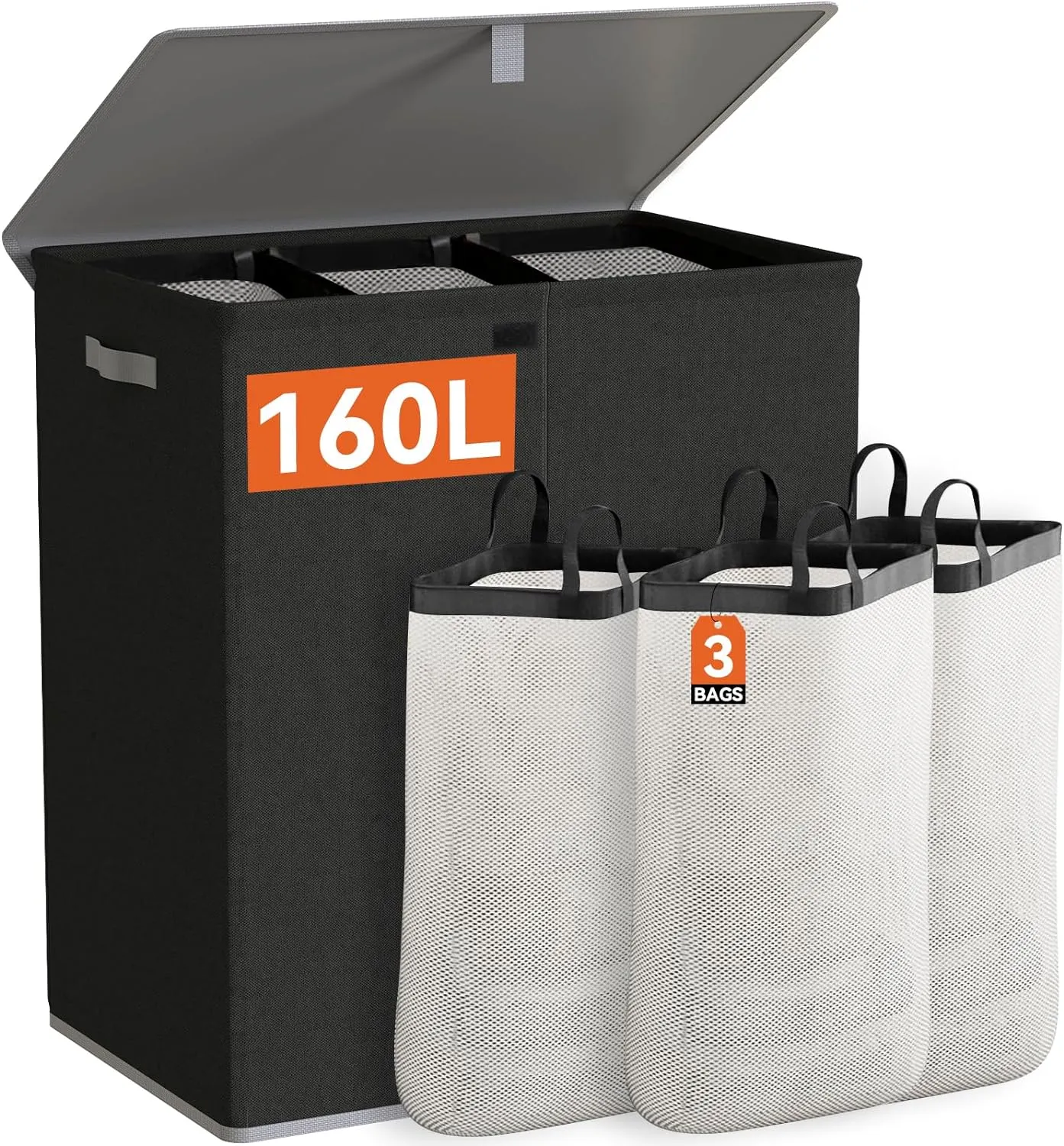 WOWLIVE Laundry Hamper with Lid,160L Large Laundry Basket 3 Section with Removable Washing Bags,Collapsible Waterproof Dirty Clothes Hamper for Laundry Room Bathroom Dorm,Black