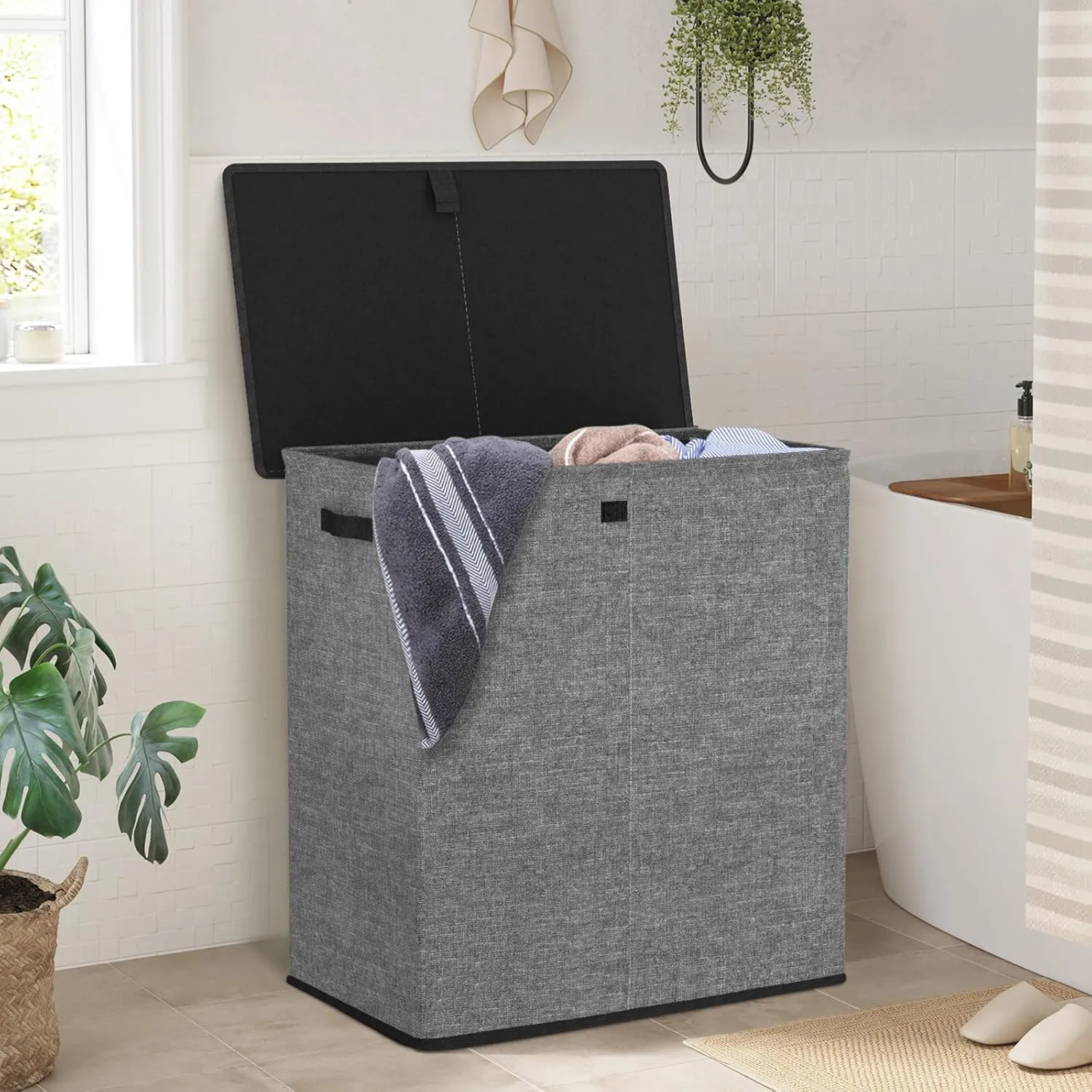 WOWLIVE Laundry Hamper with Lid,160L Large Laundry Basket 3 Section with Removable Washing Bags,Collapsible Waterproof Dirty Clothes Hamper for Laundry Room Bathroom Dorm,Gray