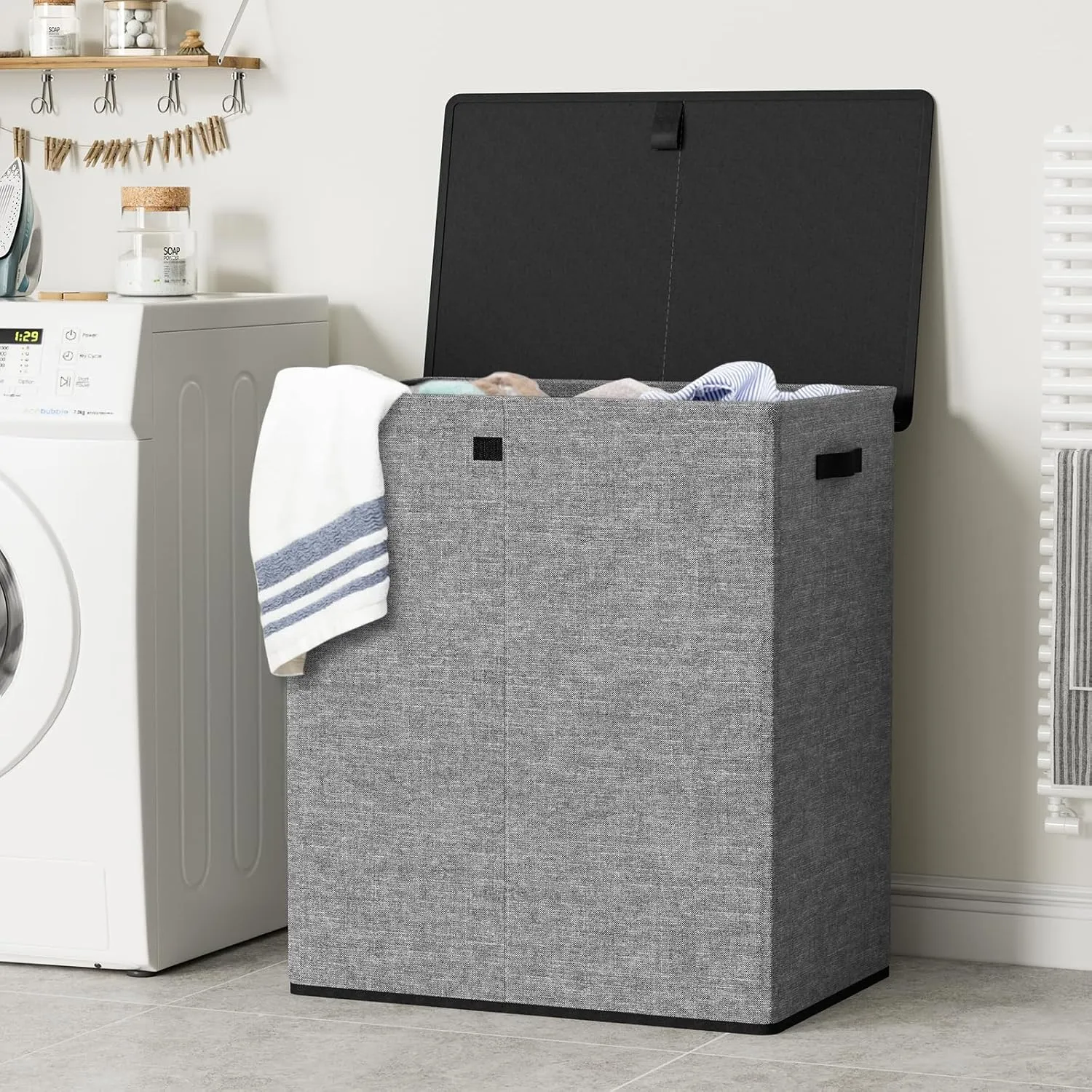 WOWLIVE Laundry Hamper with Lid,160L Large Laundry Basket 3 Section with Removable Washing Bags,Collapsible Waterproof Dirty Clothes Hamper for Laundry Room Bathroom Dorm,Gray