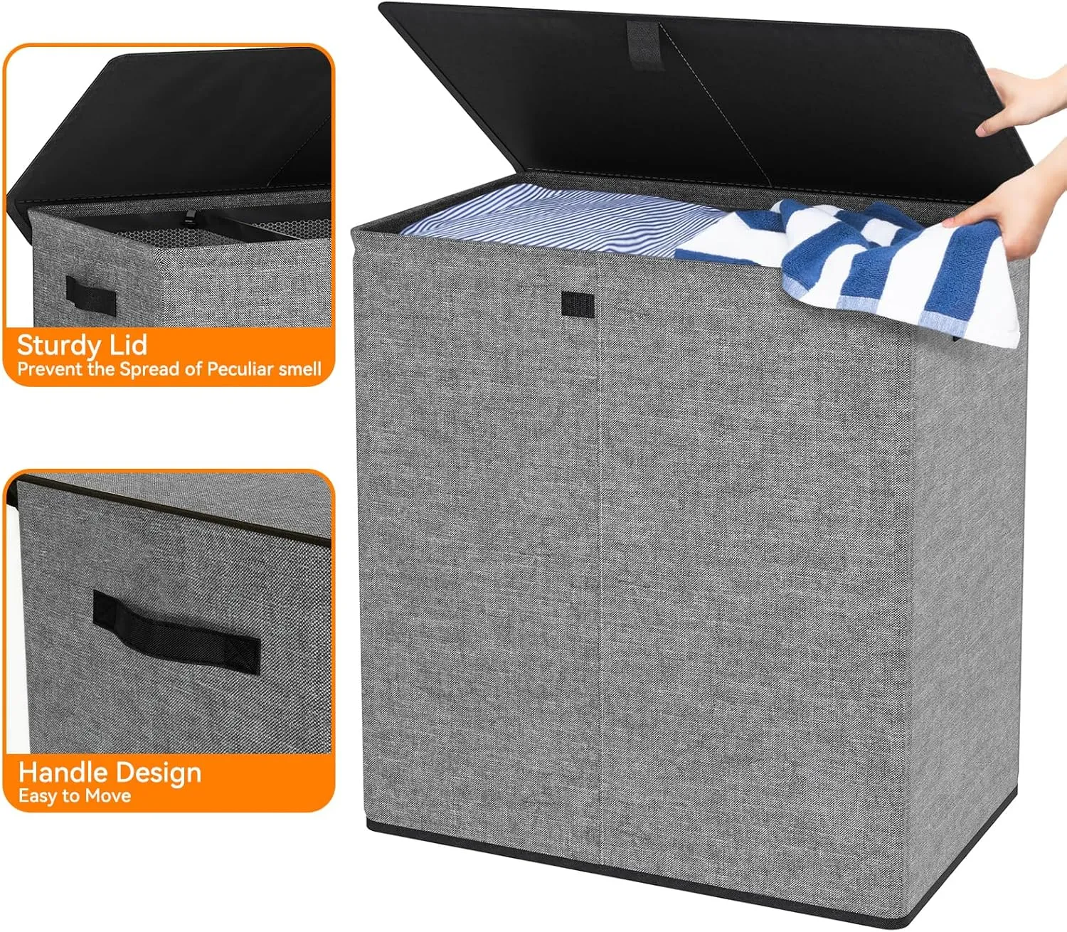 WOWLIVE Laundry Hamper with Lid,160L Large Laundry Basket 3 Section with Removable Washing Bags,Collapsible Waterproof Dirty Clothes Hamper for Laundry Room Bathroom Dorm,Gray