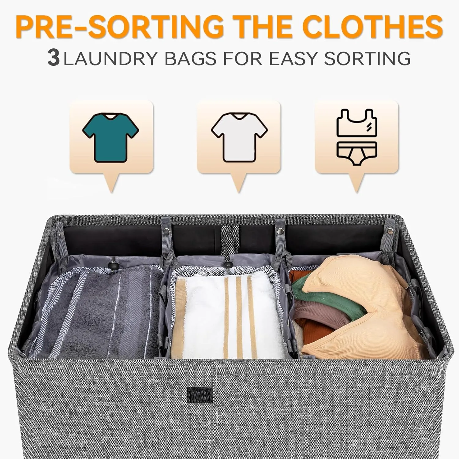 WOWLIVE Laundry Hamper with Lid,160L Large Laundry Basket 3 Section with Removable Washing Bags,Collapsible Waterproof Dirty Clothes Hamper for Laundry Room Bathroom Dorm,Gray