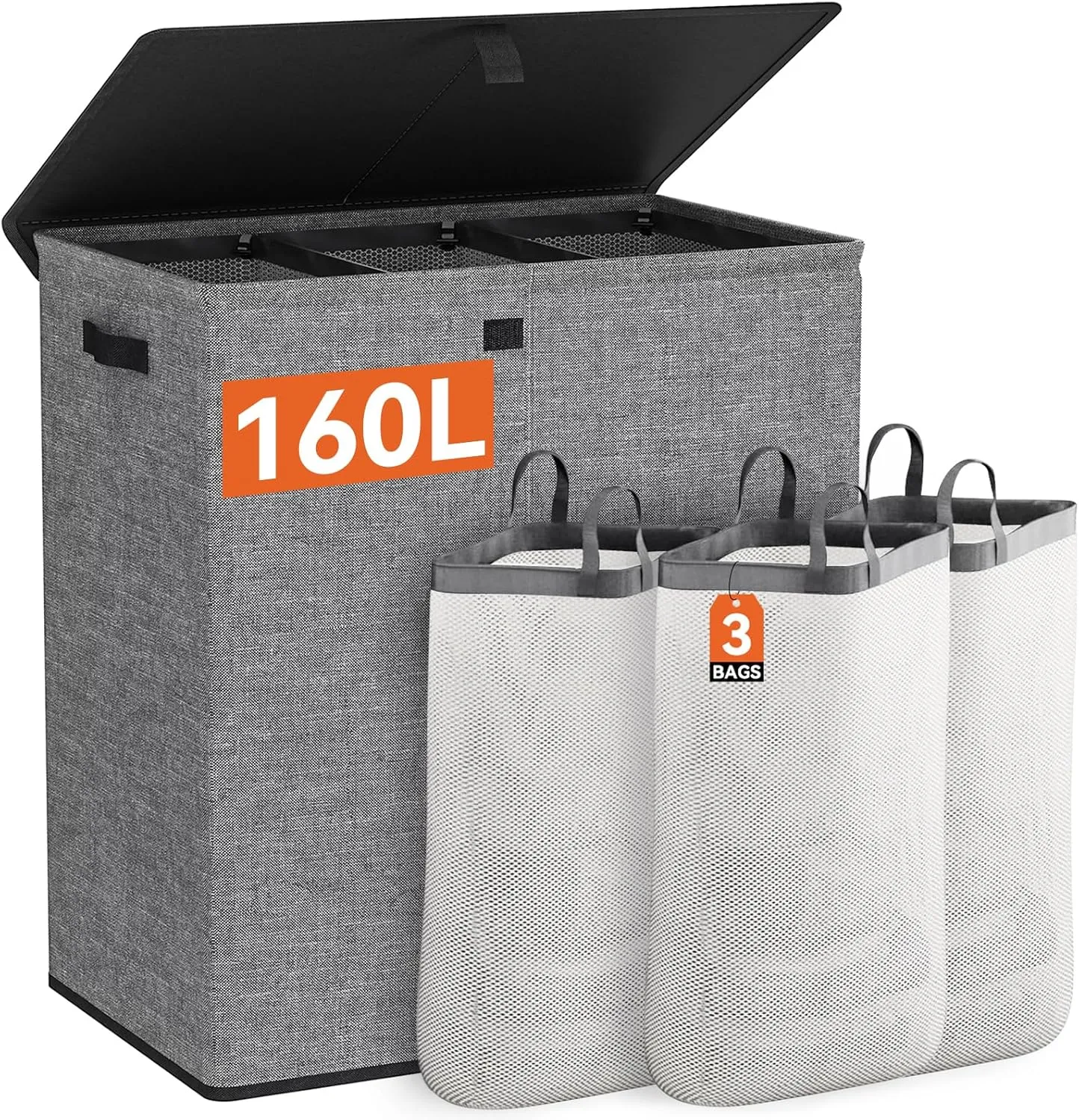 WOWLIVE Laundry Hamper with Lid,160L Large Laundry Basket 3 Section with Removable Washing Bags,Collapsible Waterproof Dirty Clothes Hamper for Laundry Room Bathroom Dorm,Gray