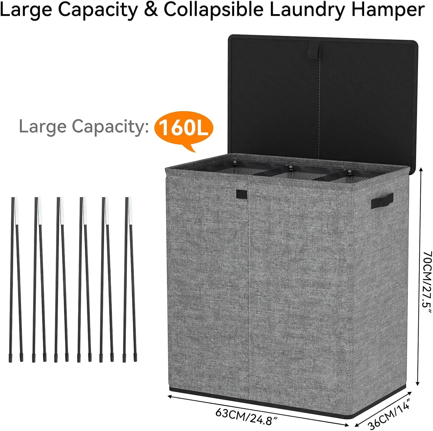 WOWLIVE Laundry Hamper with Lid,160L Large Laundry Basket 3 Section with Removable Washing Bags,Collapsible Waterproof Dirty Clothes Hamper for Laundry Room Bathroom Dorm,Gray