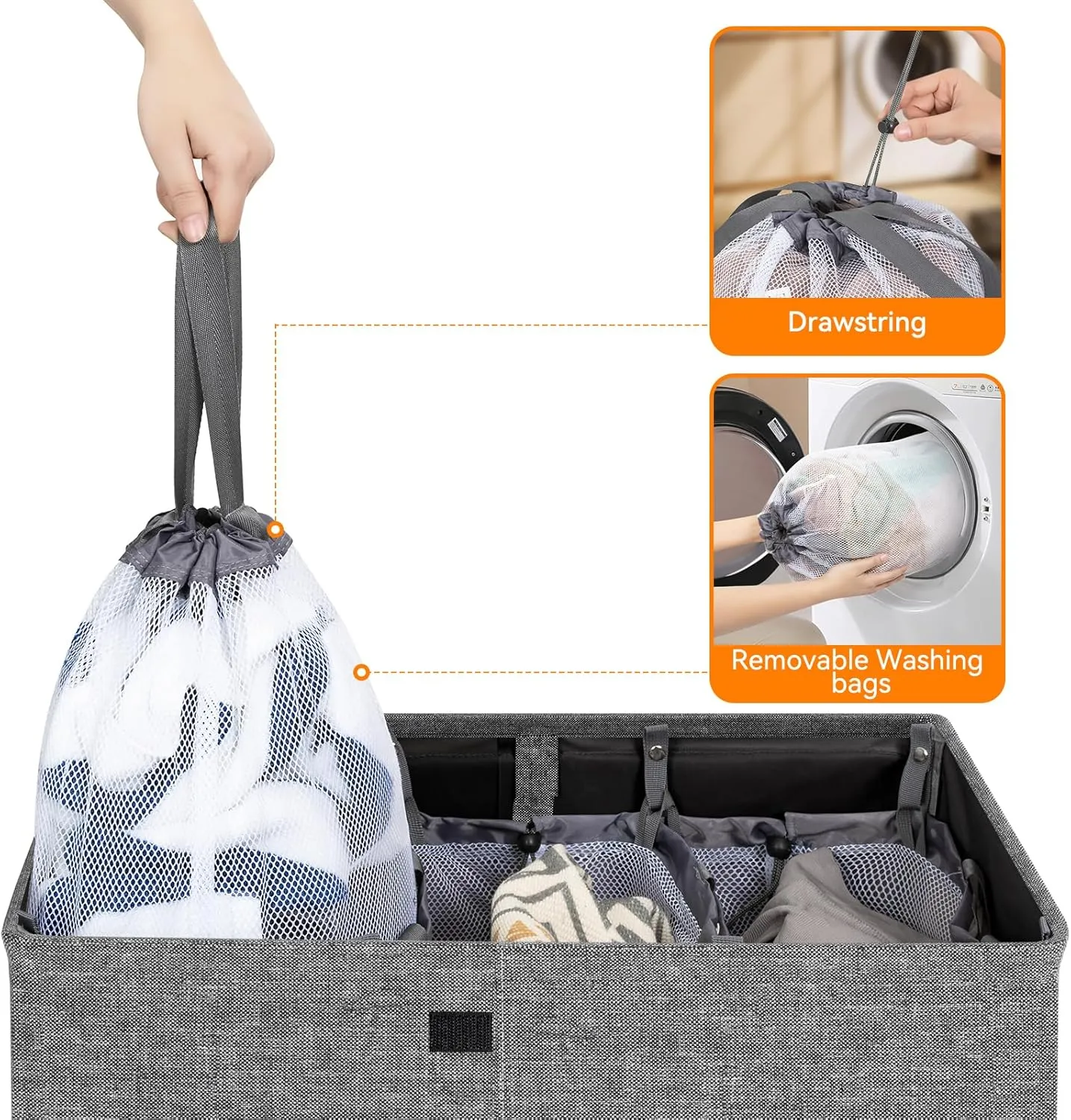 WOWLIVE Laundry Hamper with Lid,160L Large Laundry Basket 3 Section with Removable Washing Bags,Collapsible Waterproof Dirty Clothes Hamper for Laundry Room Bathroom Dorm,Gray