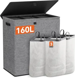WOWLIVE Laundry Hamper with Lid,160L Large Laundry Basket 3 Section with Removable Washing Bags,Collapsible Waterproof Dirty Clothes Hamper for Laundry Room Bathroom Dorm,Gray