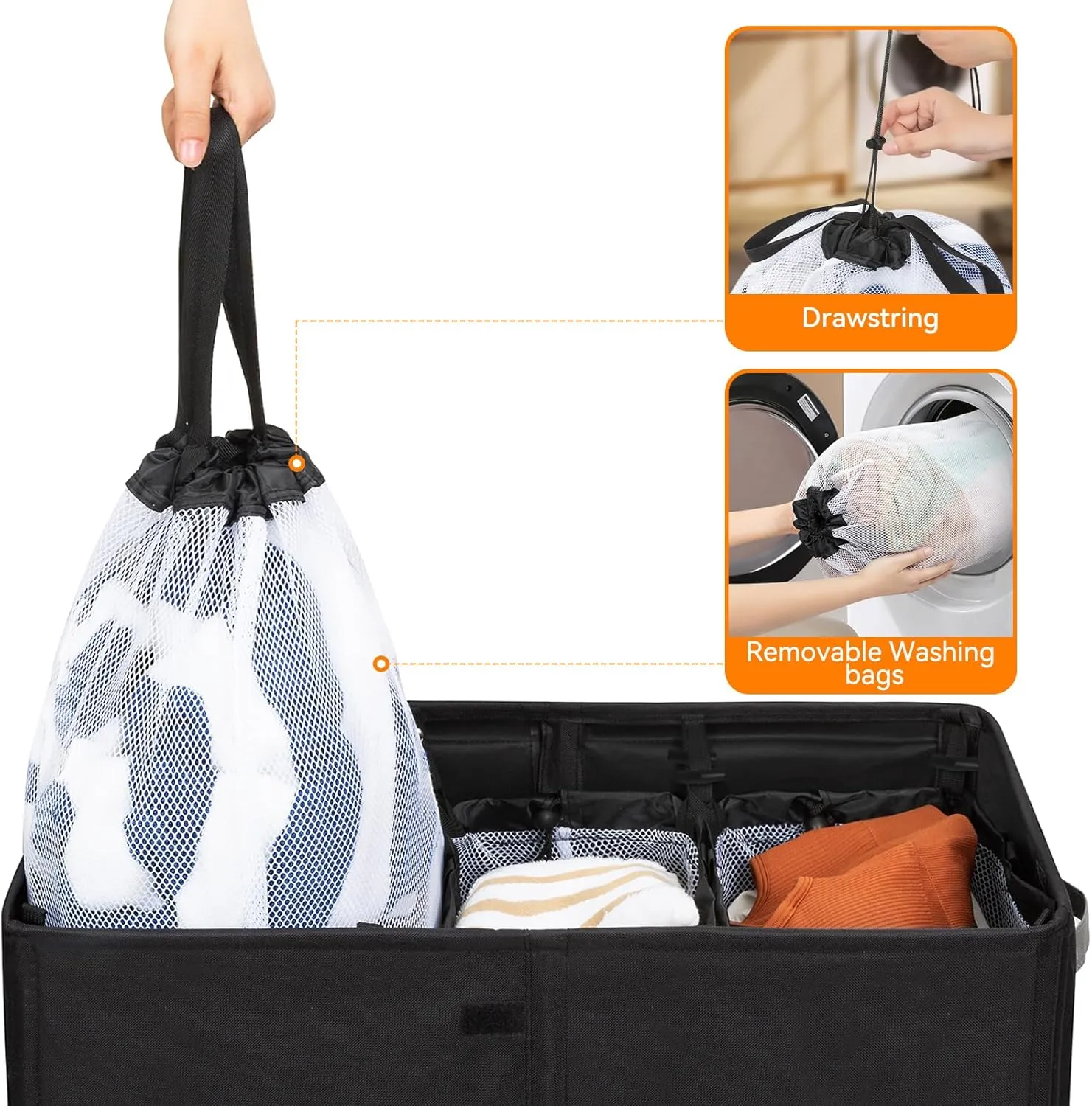 WOWLIVE Laundry Hamper with Lid,180L Large Laundry Basket 3 Section with Removable Washing Bags,Collapsible Waterproof Dirty Clothes Hamper for Laundry Room Bathroom Dorm,Black