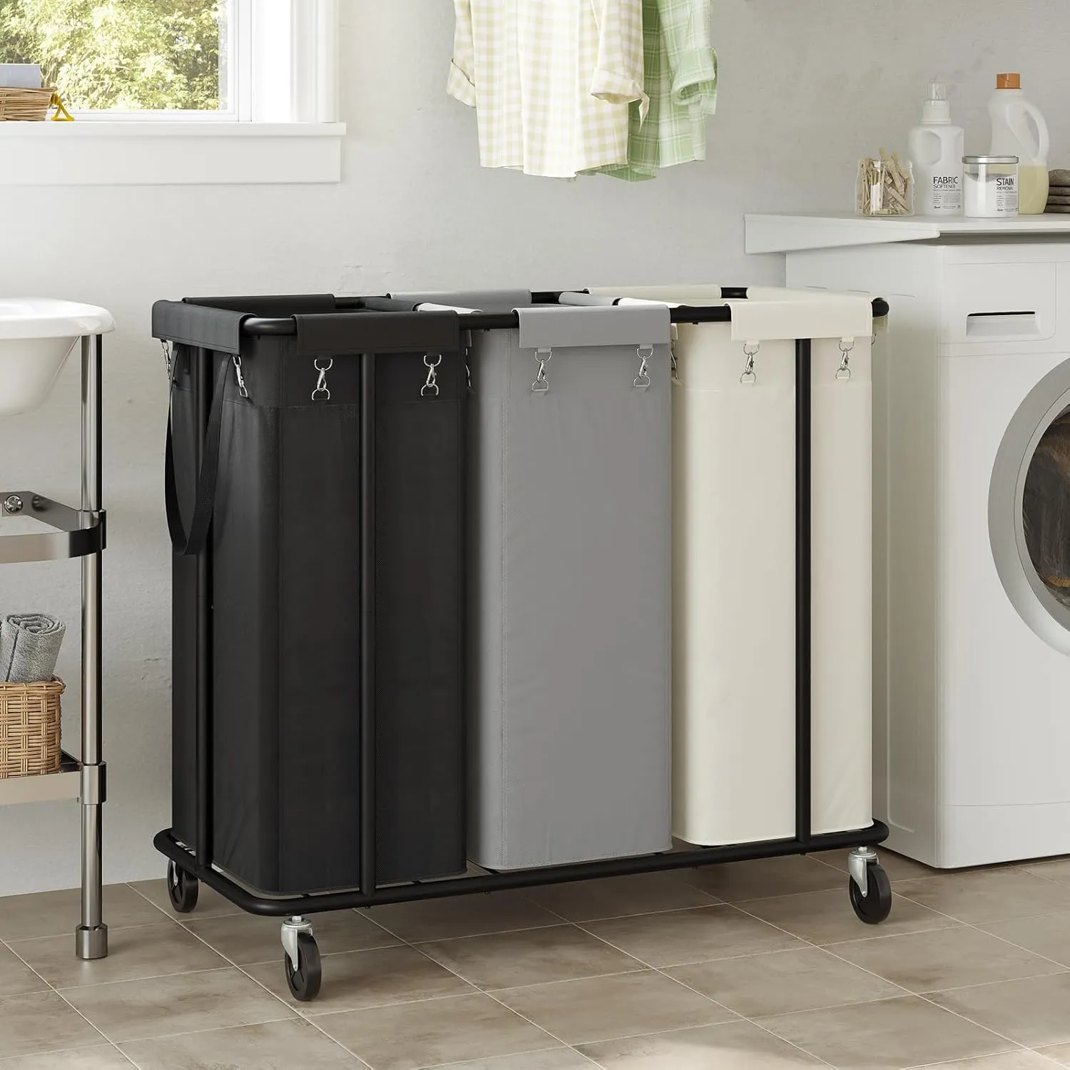 WOWLIVE Laundry Hamper with Wheels 260L Rolling Laundry Basket 3 Section Organizer Laundry Cart with Steel Frame and Removable Bags Large Dirty Clothes Hamper Dorm Room Storage for Bedroom