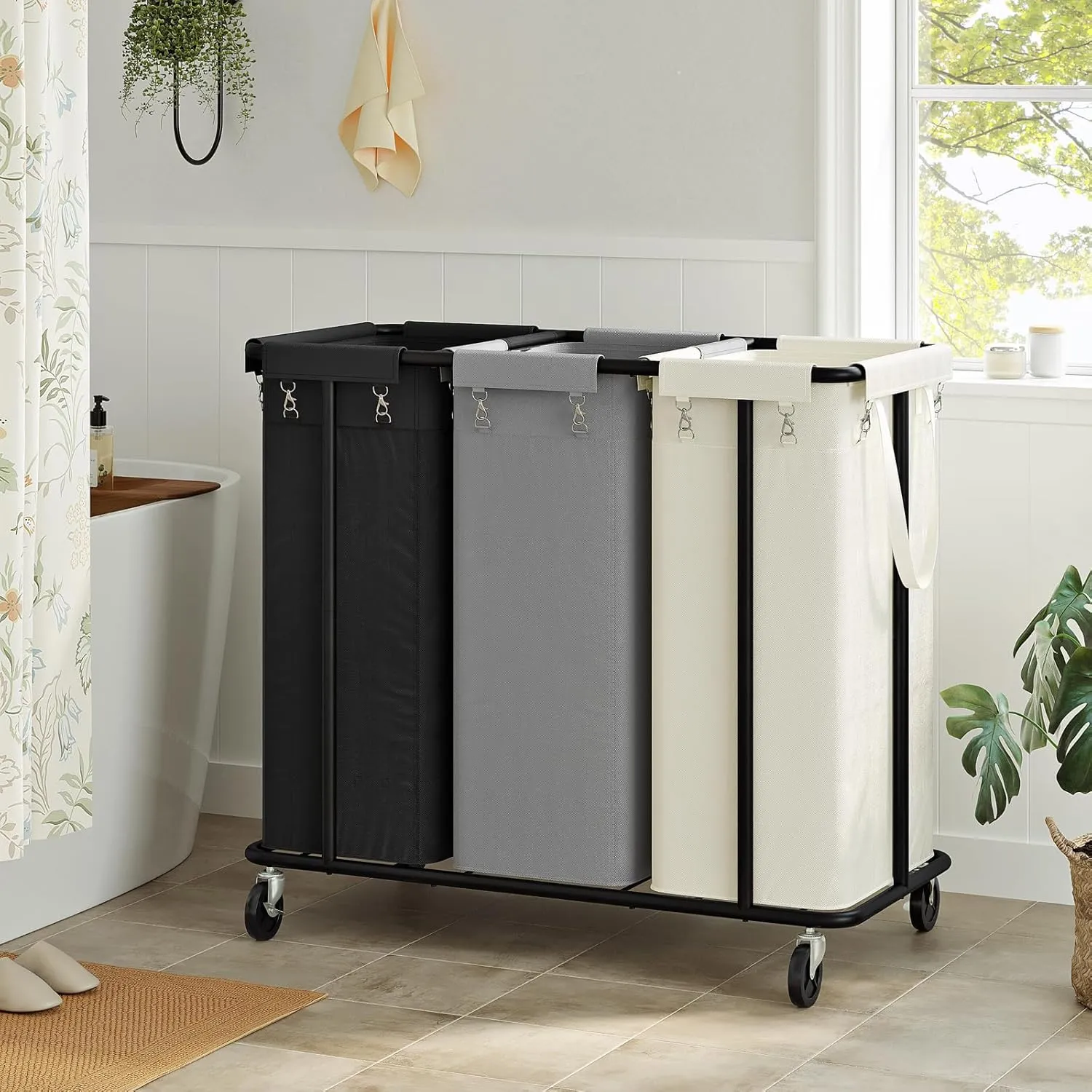 WOWLIVE Laundry Hamper with Wheels 260L Rolling Laundry Basket 3 Section Organizer Laundry Cart with Steel Frame and Removable Bags Large Dirty Clothes Hamper Dorm Room Storage for Bedroom