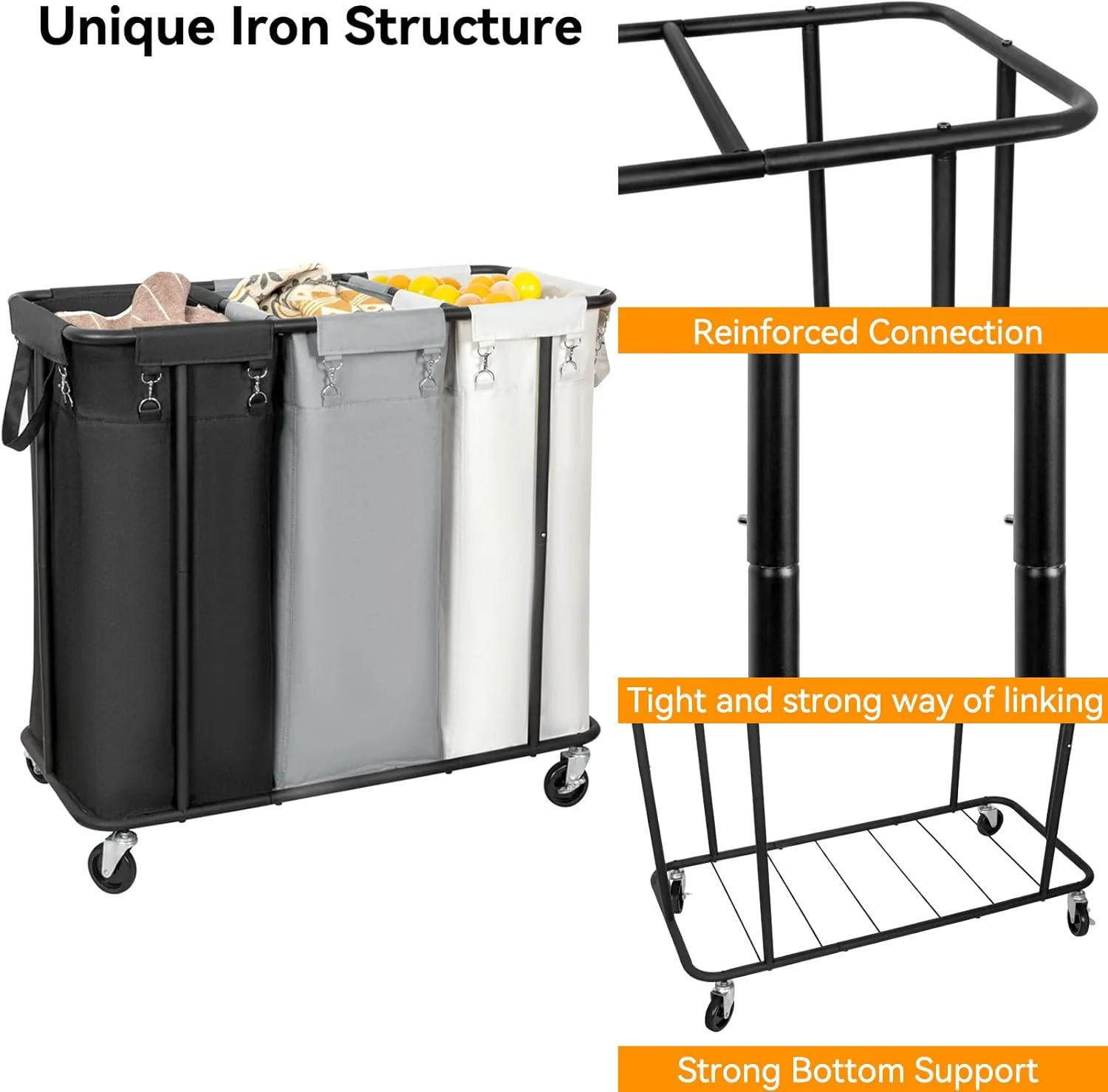 WOWLIVE Laundry Hamper with Wheels 260L Rolling Laundry Basket 3 Section Organizer Laundry Cart with Steel Frame and Removable Bags Large Dirty Clothes Hamper Dorm Room Storage for Bedroom