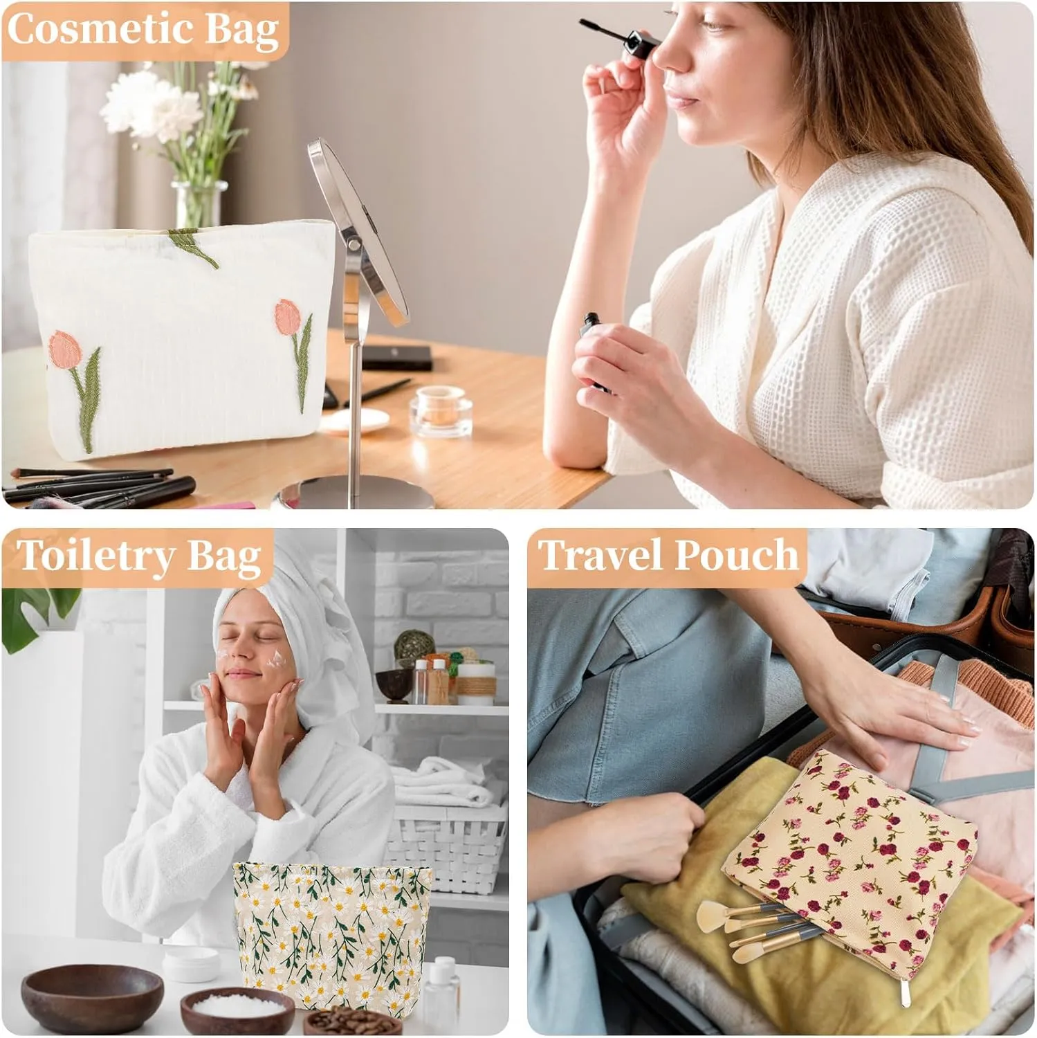 WOZEAH Floral Corduroy Makeup Bag for Purse Small Cosmetic Pouch,Stylish Zipper Make up Pouch Travel Canvas Toiletry Bags(Beige Rose)