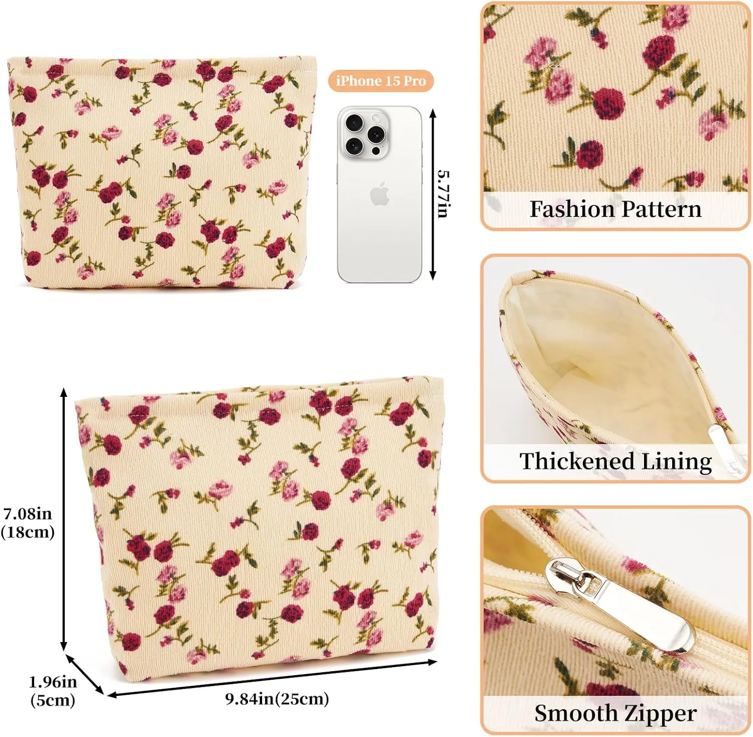 WOZEAH Floral Corduroy Makeup Bag for Purse Small Cosmetic Pouch,Stylish Zipper Make up Pouch Travel Canvas Toiletry Bags(Beige Rose)