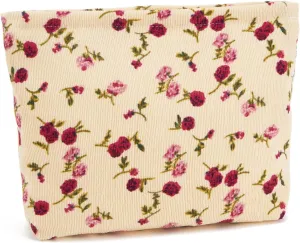WOZEAH Floral Corduroy Makeup Bag for Purse Small Cosmetic Pouch,Stylish Zipper Make up Pouch Travel Canvas Toiletry Bags(Beige Rose)