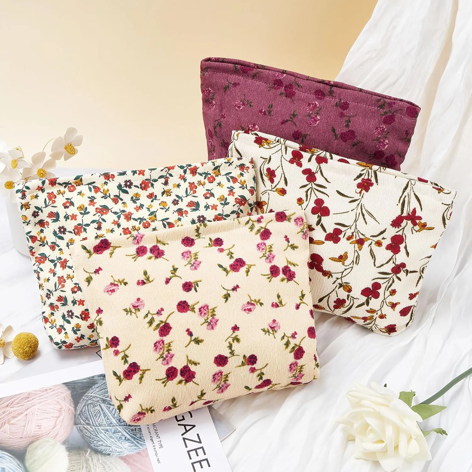 WOZEAH Floral Corduroy Makeup Bag for Purse Small Cosmetic Pouch,Stylish Zipper Make up Pouch Travel Canvas Toiletry Bags(Beige Rose)