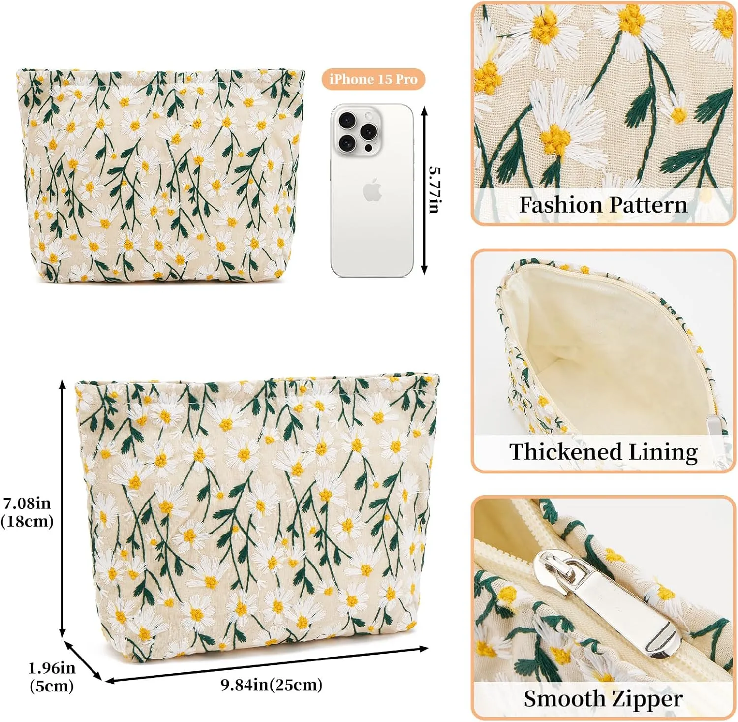 WOZEAH Floral Makeup Bag for Purse Small Cosmetic Pouch,Stylish Zipper Make up Pouch Travel Canvas Toiletry Bags(Beige Daisy)
