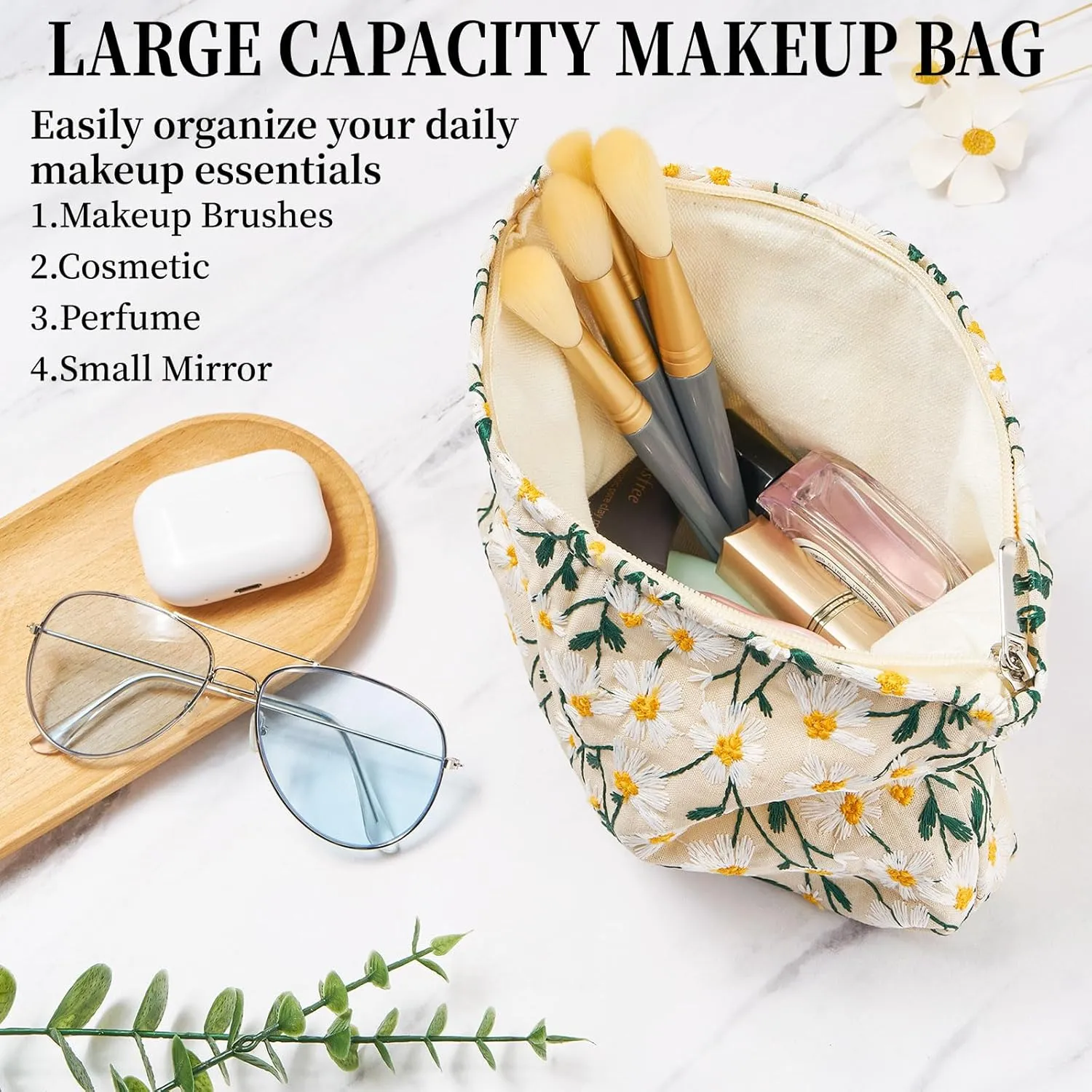 WOZEAH Floral Makeup Bag for Purse Small Cosmetic Pouch,Stylish Zipper Make up Pouch Travel Canvas Toiletry Bags(Beige Daisy)