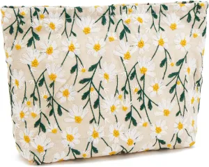 WOZEAH Floral Makeup Bag for Purse Small Cosmetic Pouch,Stylish Zipper Make up Pouch Travel Canvas Toiletry Bags(Beige Daisy)