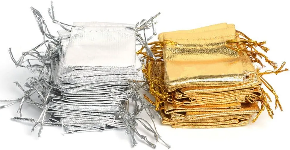 Wudygirl 100 PCS 3.54X4.72 inches Drawstring Satin Bags Mixed Gold Silver Jewelry Wedding Party Marbles Coins Pouches Bag (100 pcs Mix Gold Silver)