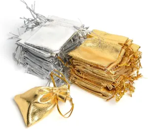 Wudygirl 100 PCS 3.54X4.72 inches Drawstring Satin Bags Mixed Gold Silver Jewelry Wedding Party Marbles Coins Pouches Bag (100 pcs Mix Gold Silver)