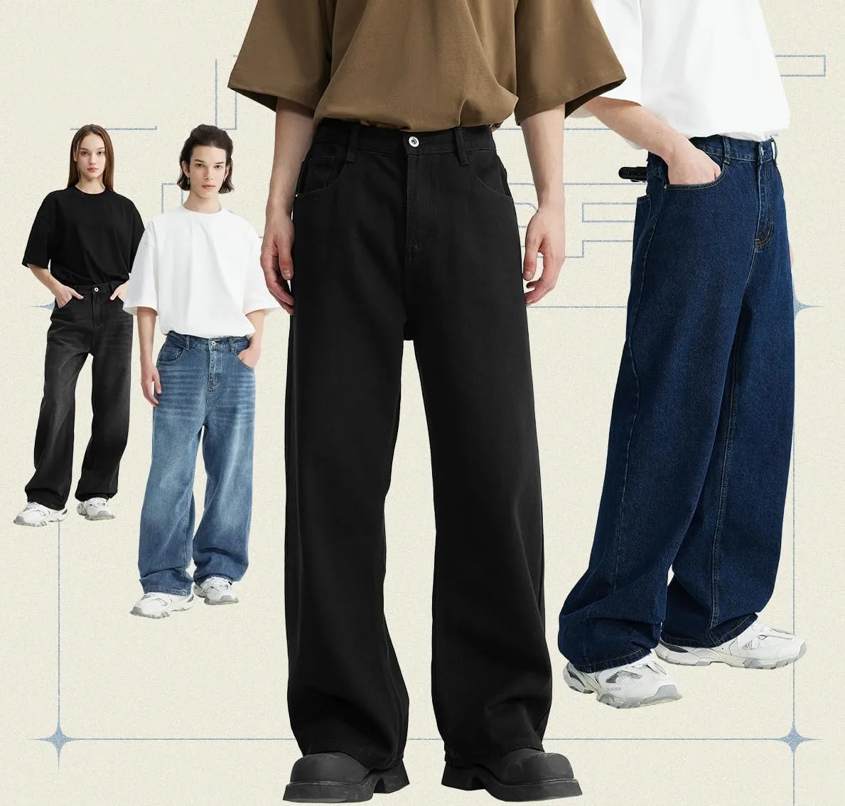 Y2k Baggy Jeans Men Women Loose Fit Hip Hop Jeans Vintage Casual Skater Pants Wide Leg Half Elastic Waist Denim Jeans