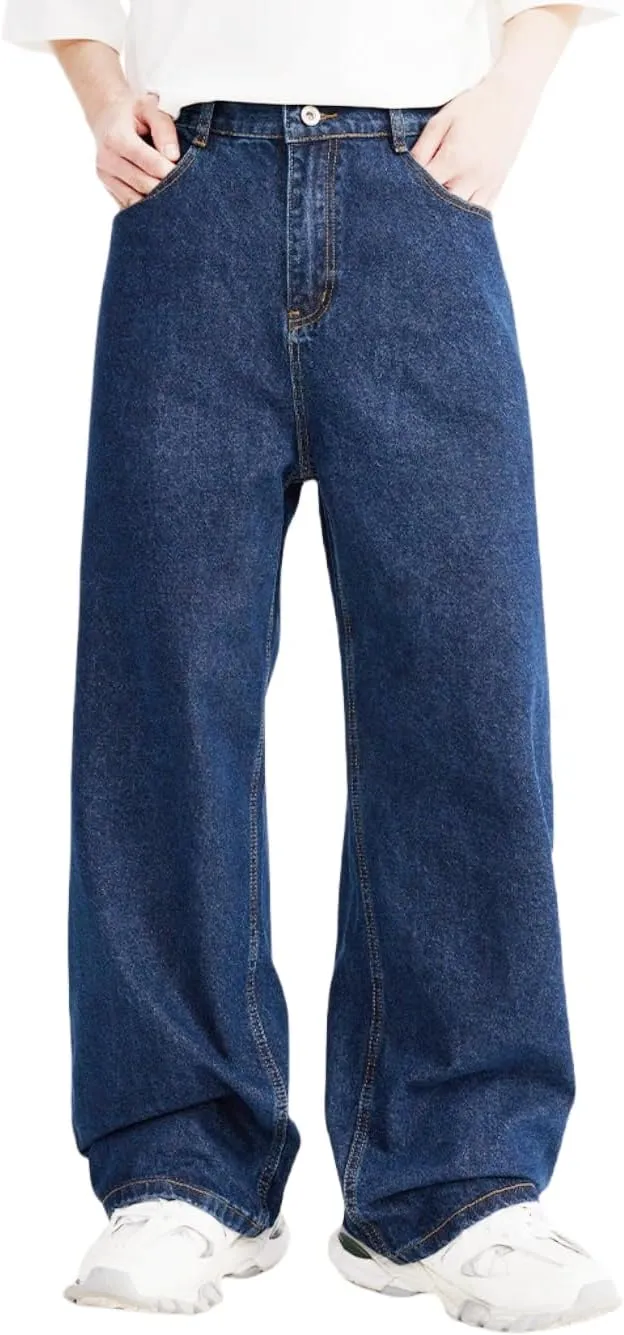 Y2k Baggy Jeans Men Women Loose Fit Hip Hop Jeans Vintage Casual Skater Pants Wide Leg Half Elastic Waist Denim Jeans
