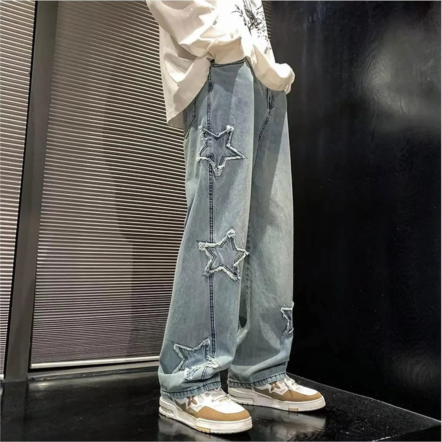 Y2k Jeans Men Aesthetic Black Baggy Jeans Goth Vintage Street Loose Fit Star Graphic Denim Pants Straight Trousers