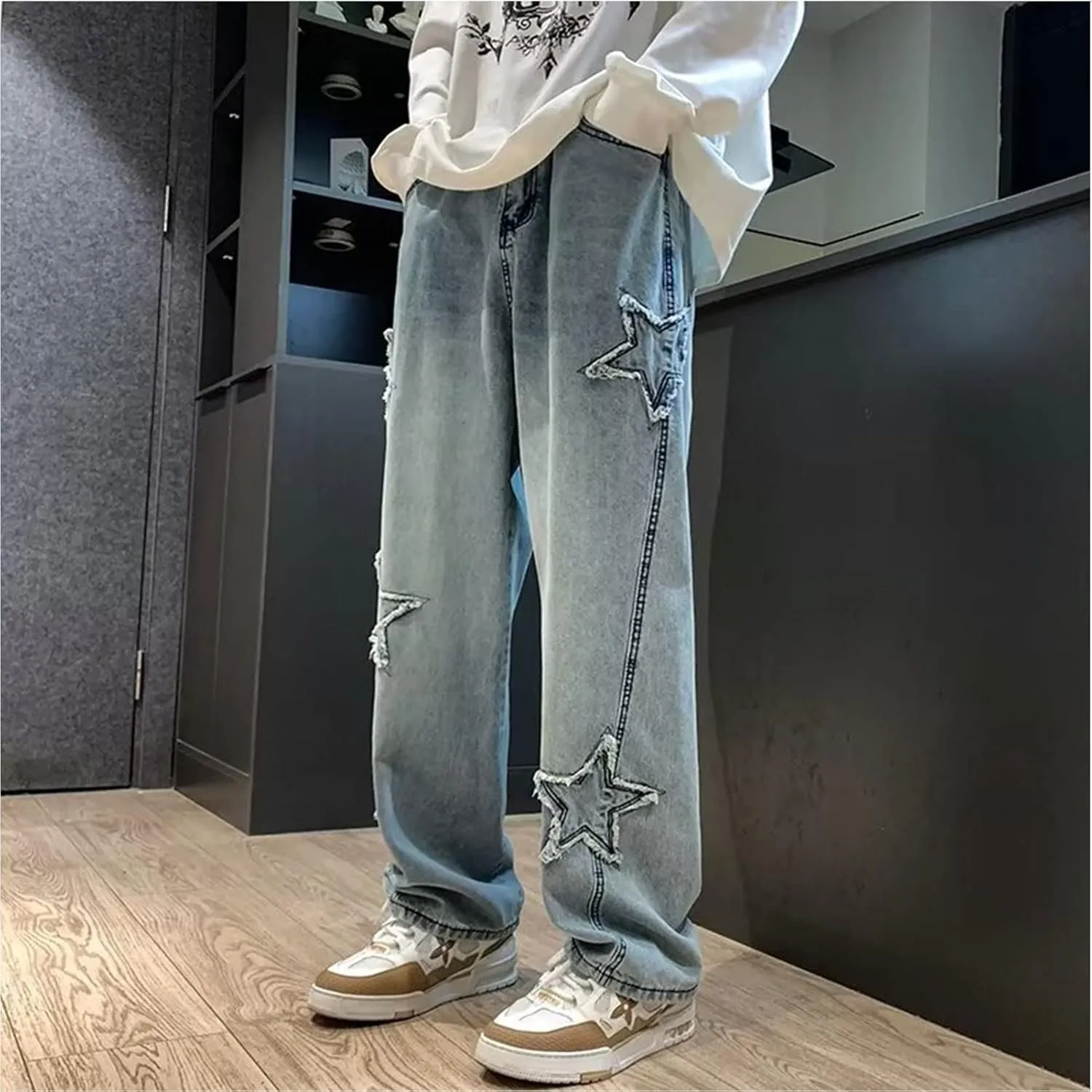 Y2k Jeans Men Aesthetic Black Baggy Jeans Goth Vintage Street Loose Fit Star Graphic Denim Pants Straight Trousers