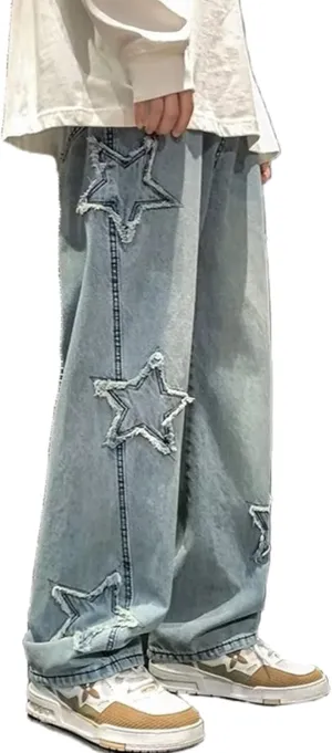 Y2k Jeans Men Aesthetic Black Baggy Jeans Goth Vintage Street Loose Fit Star Graphic Denim Pants Straight Trousers