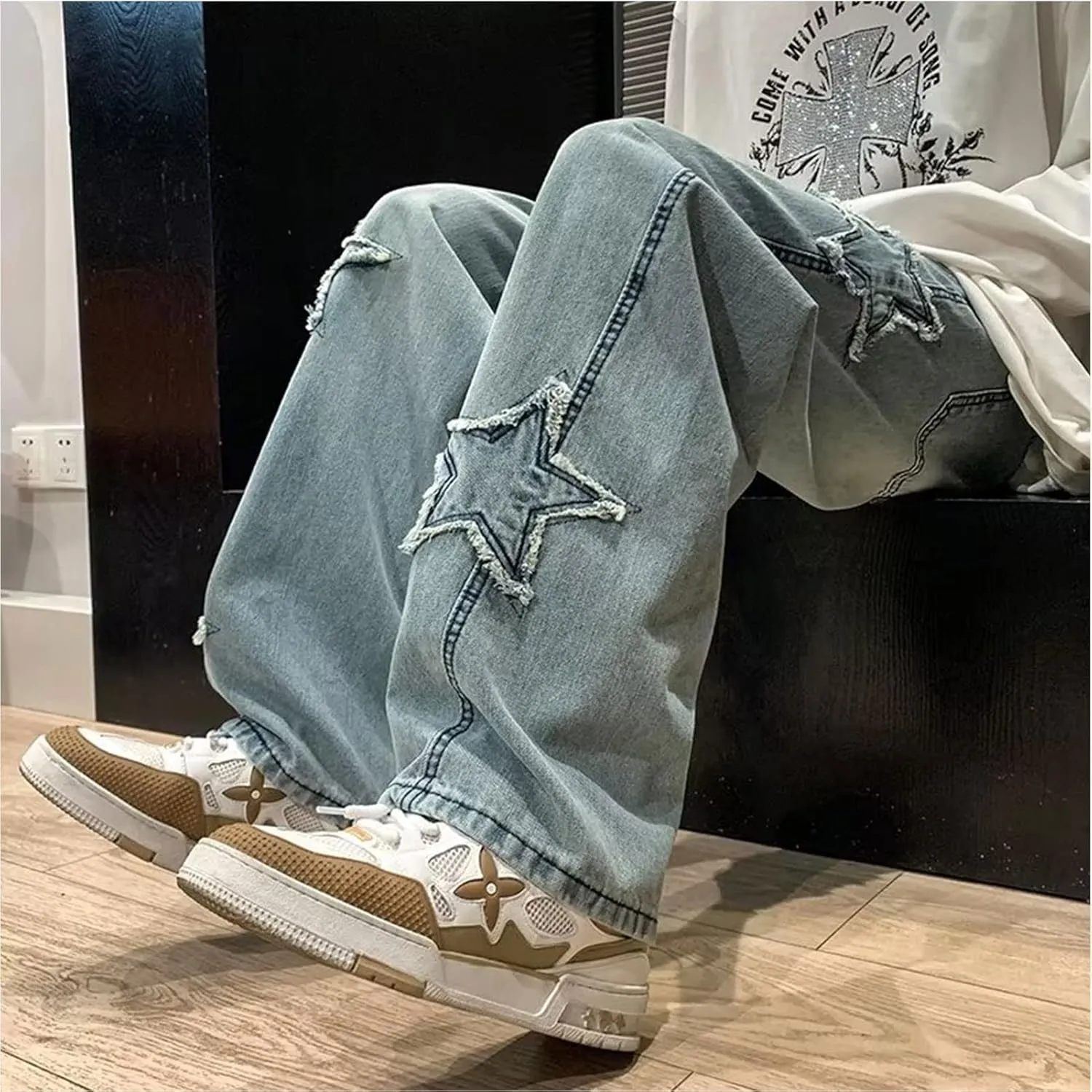 Y2k Jeans Men Aesthetic Black Baggy Jeans Goth Vintage Street Loose Fit Star Graphic Denim Pants Straight Trousers