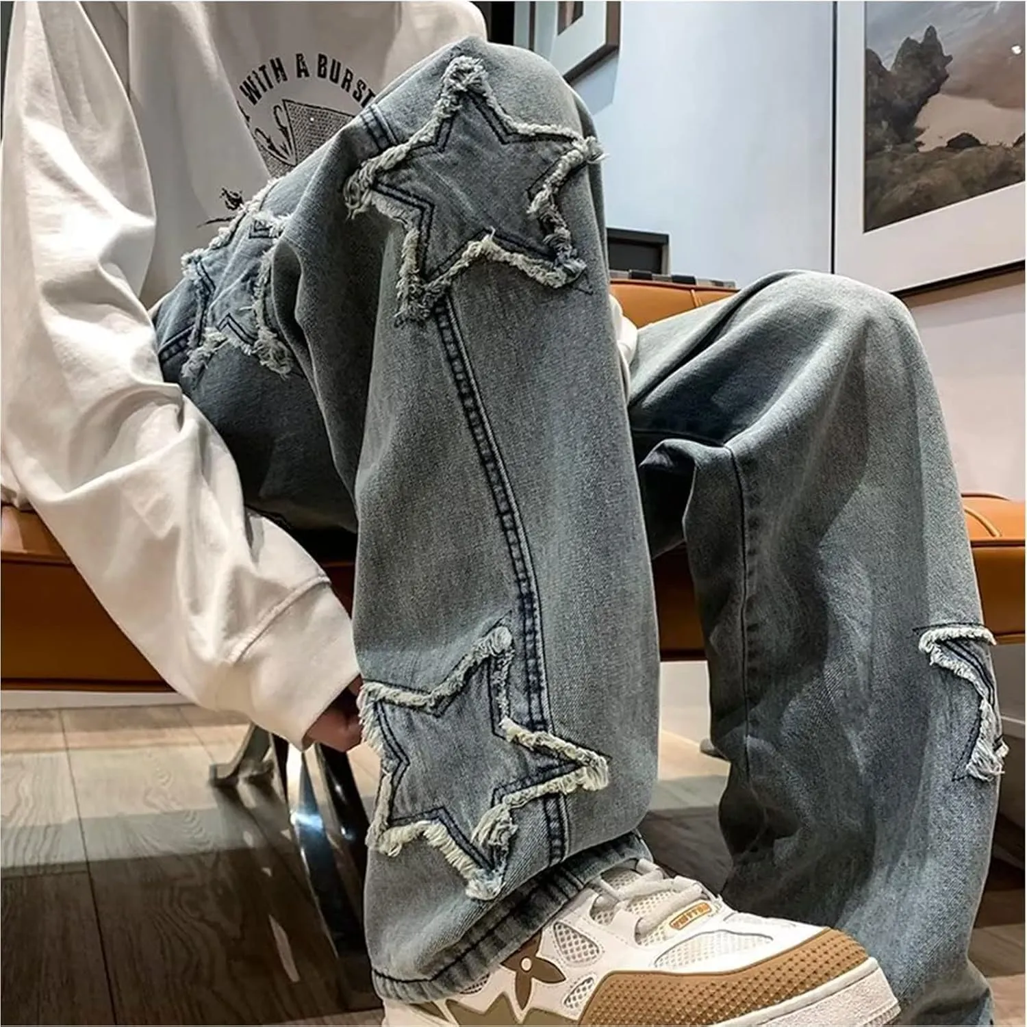 Y2k Jeans Men Aesthetic Black Baggy Jeans Goth Vintage Street Loose Fit Star Graphic Denim Pants Straight Trousers