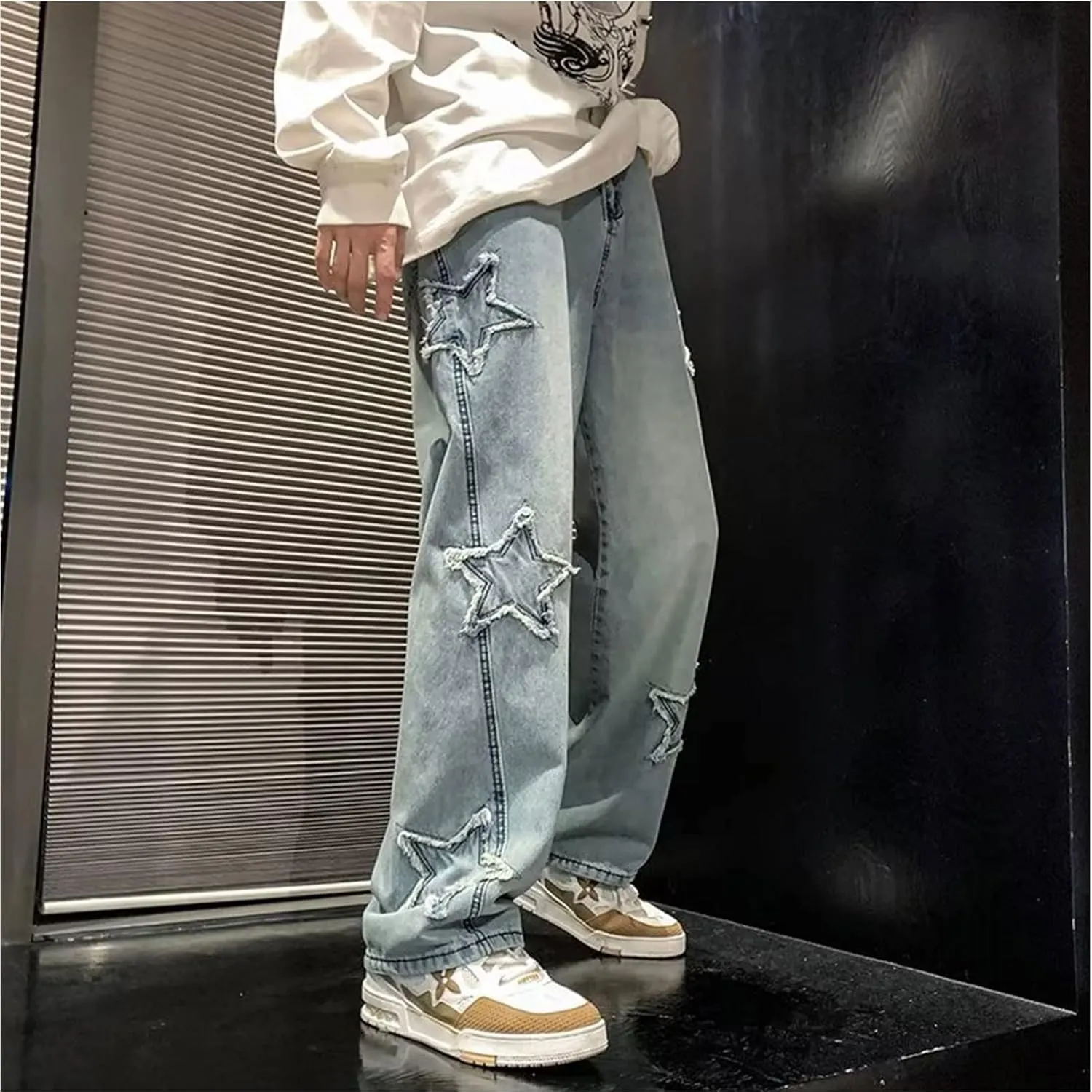 Y2k Jeans Men Aesthetic Black Baggy Jeans Goth Vintage Street Loose Fit Star Graphic Denim Pants Straight Trousers