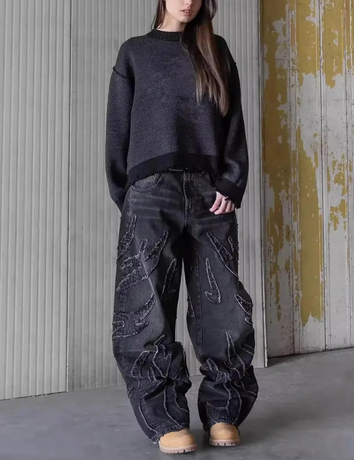Y2k Ripped Wide Leg Jeans Men Denim Baggy Pant Oversized Hip Hop Flame Splicing Jeans Vintage Skater Pants