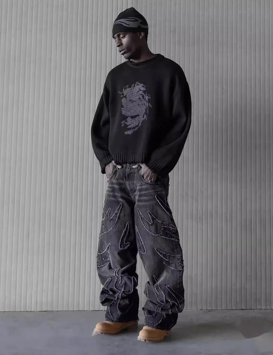 Y2k Ripped Wide Leg Jeans Men Denim Baggy Pant Oversized Hip Hop Flame Splicing Jeans Vintage Skater Pants